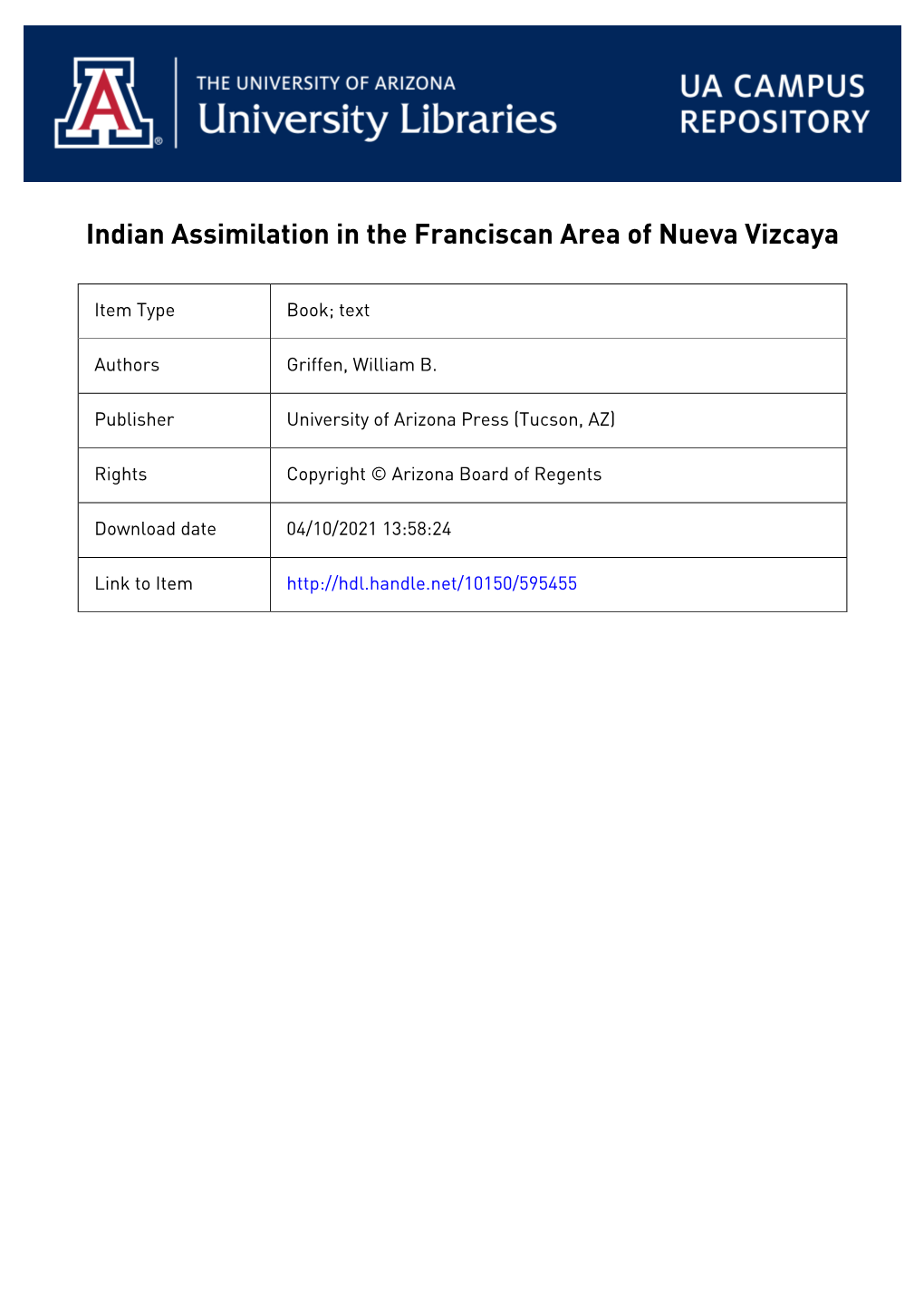 Indian Assimilation in the Franciscan Area of Nueva Vizcaya