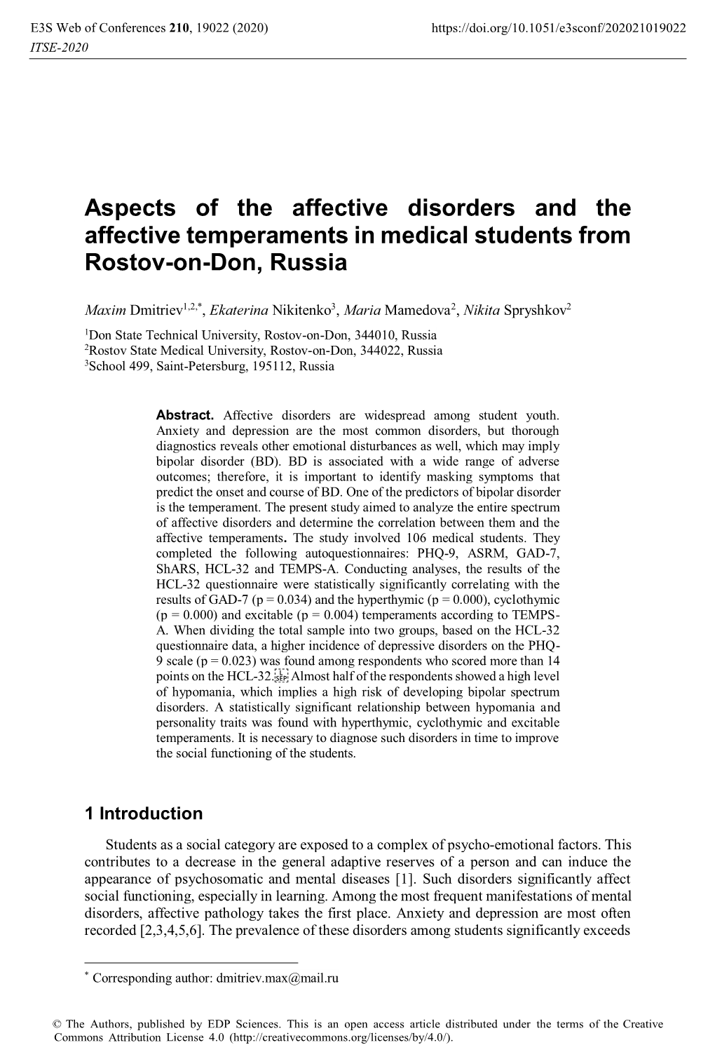 Aspects of the Affective Disorders and the Affective Temperaments in Medical Students from Rostov-On-Don, Russia