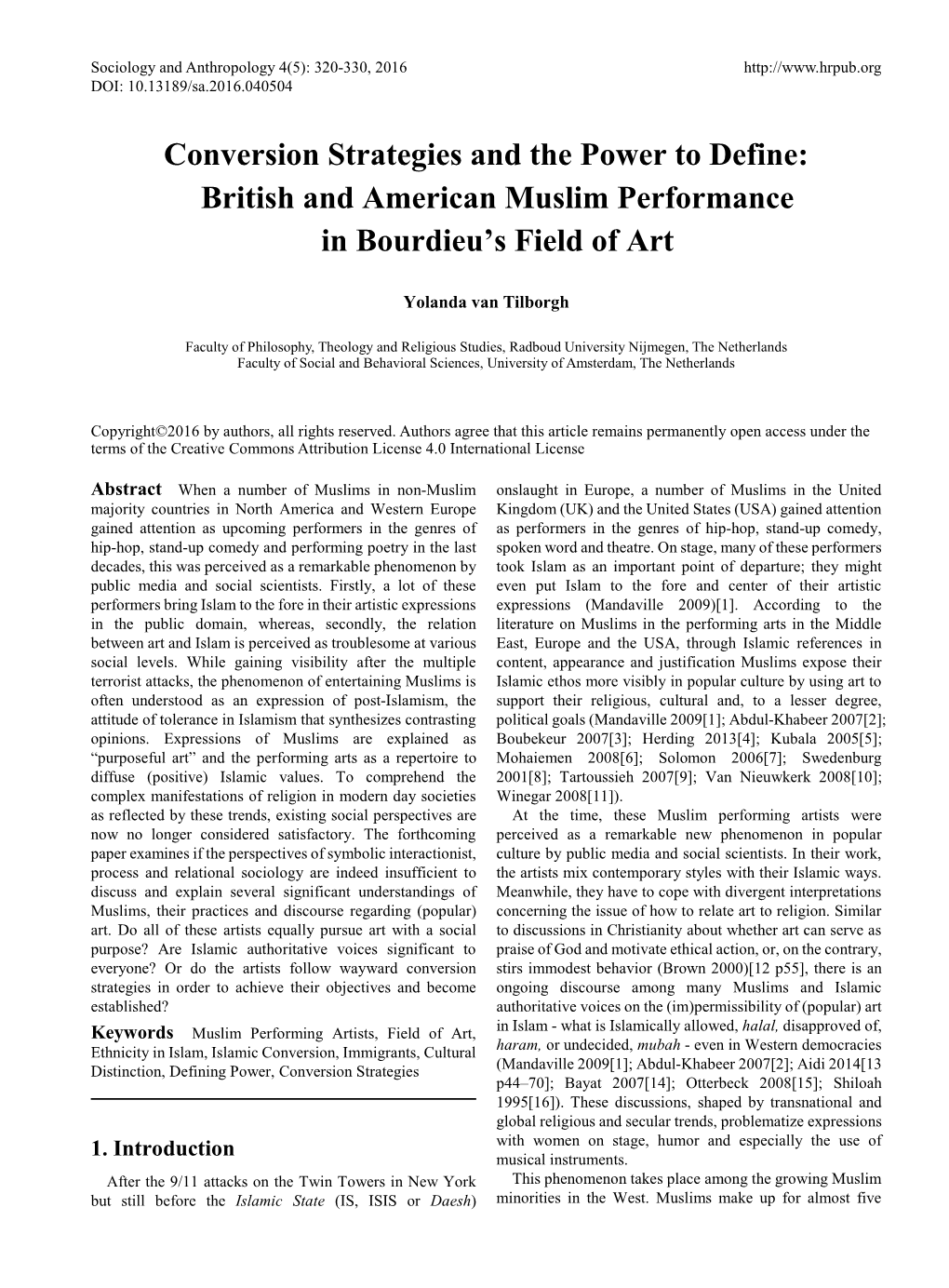 Conversion Strategies and the Power to Define: British and American Muslim Performance in Bourdieu’S Field of Art