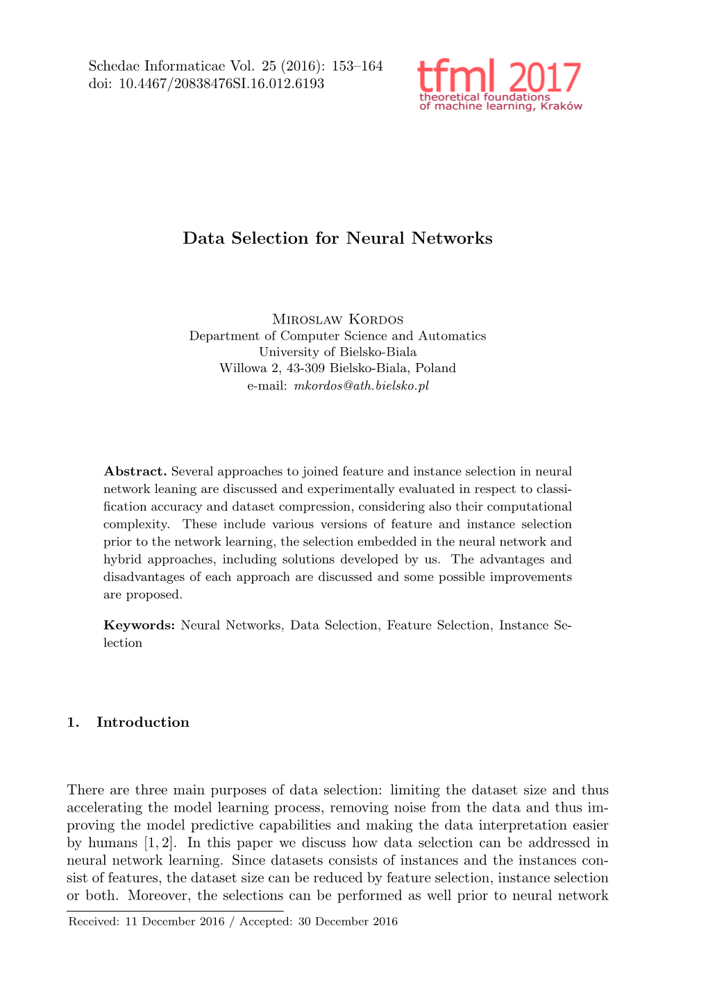 Data Selection for Neural Networks