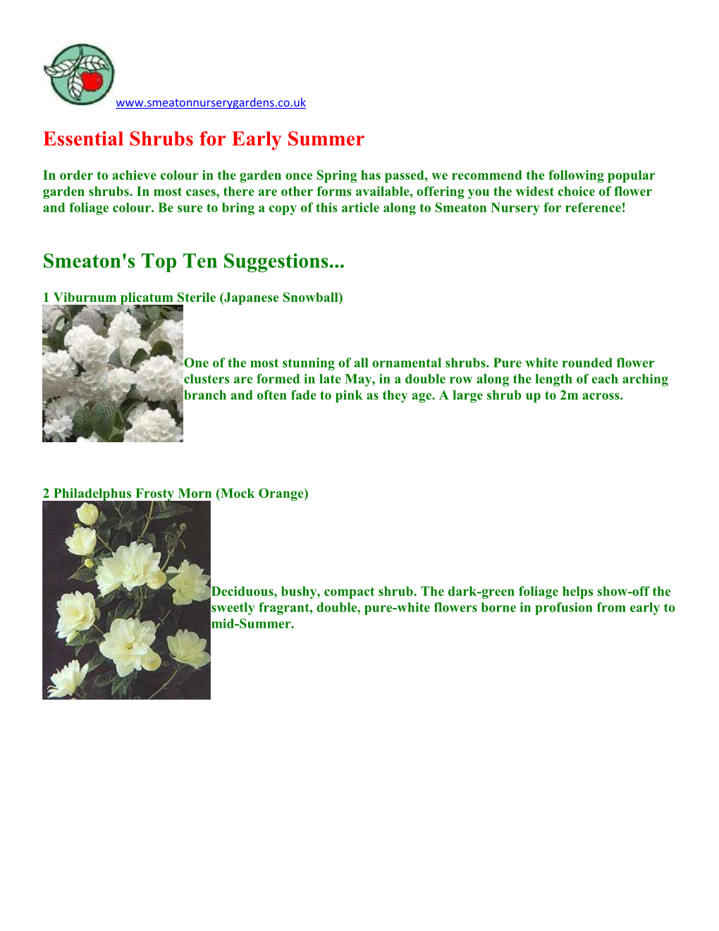 Essential Shrubs for Early Summer Smeaton's Top Ten Suggestions