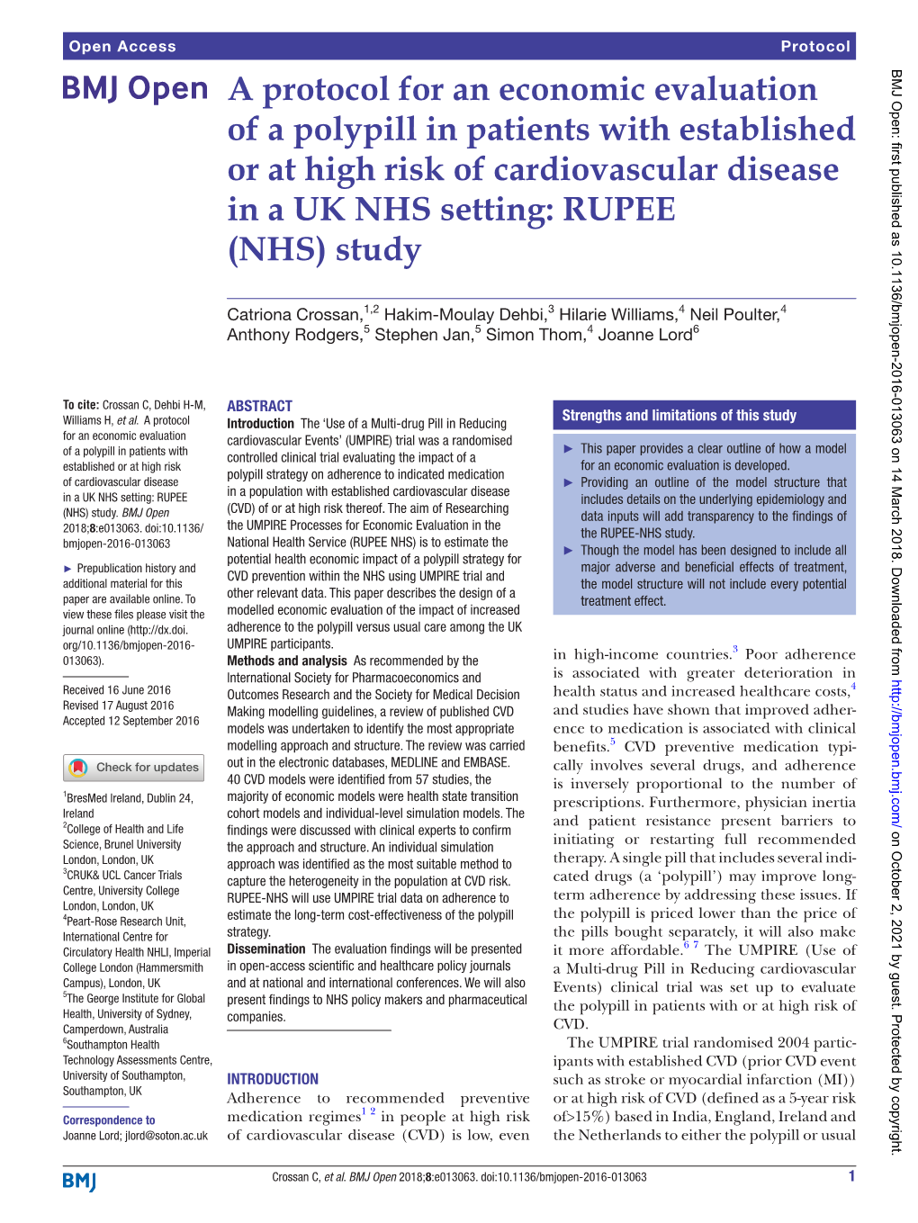 A Protocol for an Economic Evaluation of a Polypill in Patients with Established Or at High Risk of Cardiovascular Disease in a UK NHS Setting: RUPEE (NHS) Study