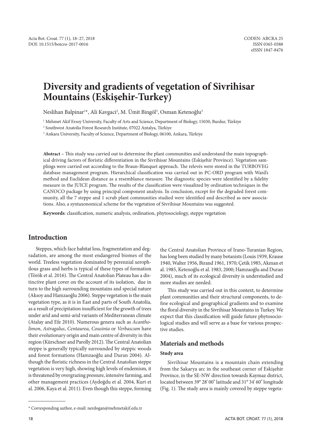 Diversity and Gradients of Vegetation of Sivrihisar Mountains (Eskişehir-Turkey)