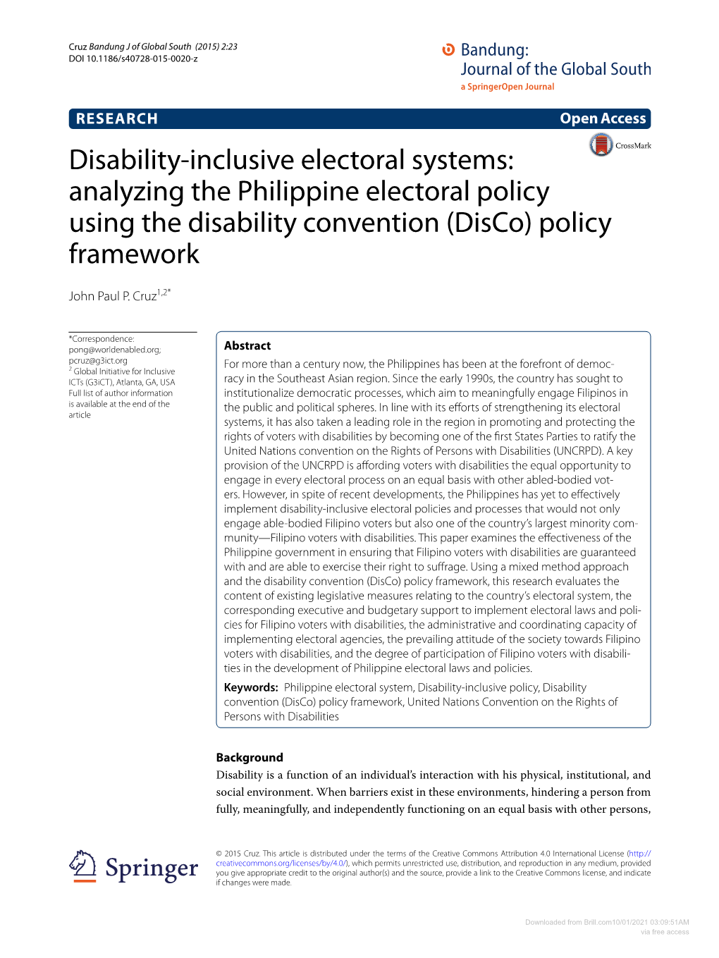 Disability‑Inclusive Electoral Systems: Analyzing the Philippine Electoral Policy Using the Disability Convention (Disco) Policy Framework