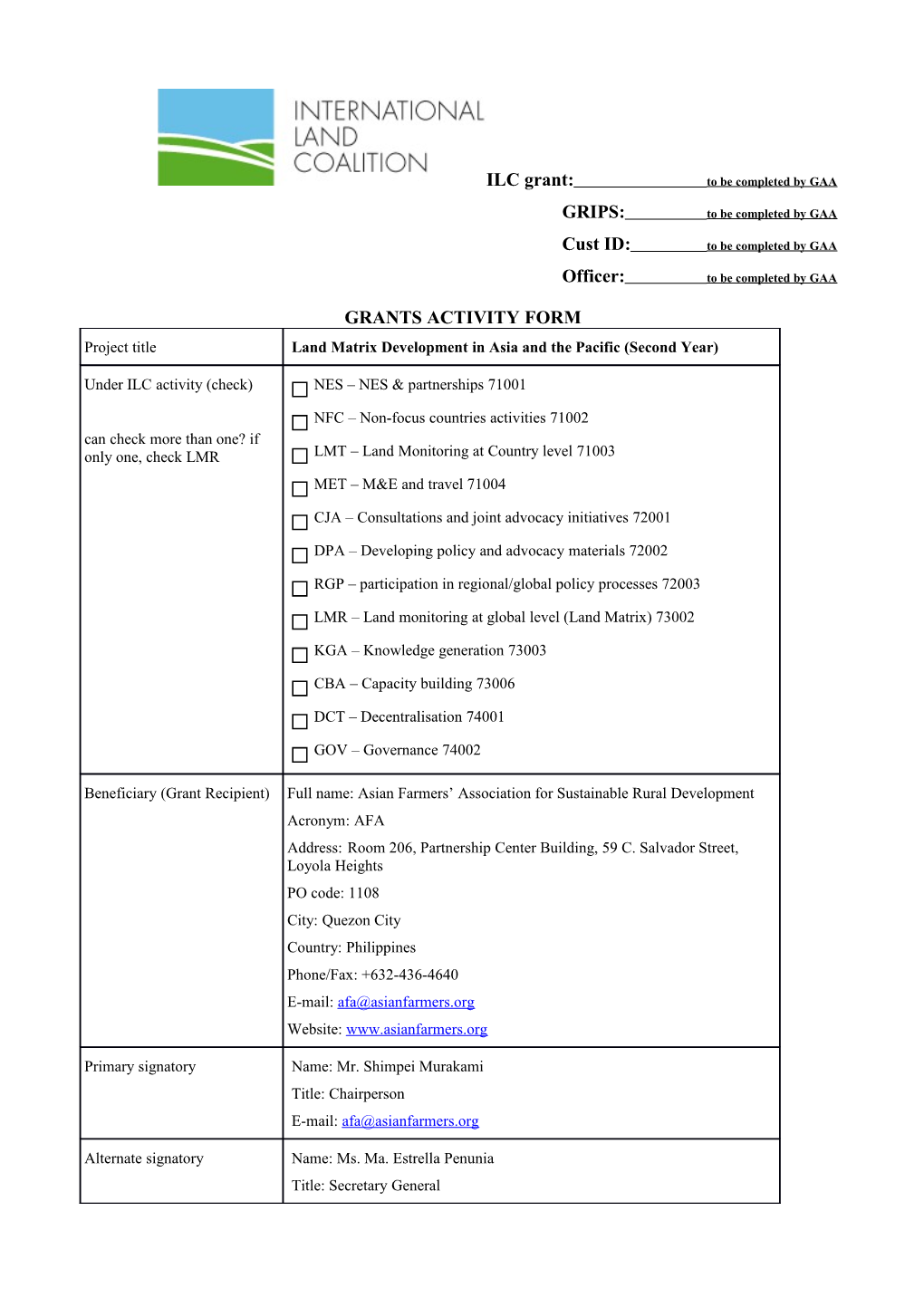 Grants Activity Form