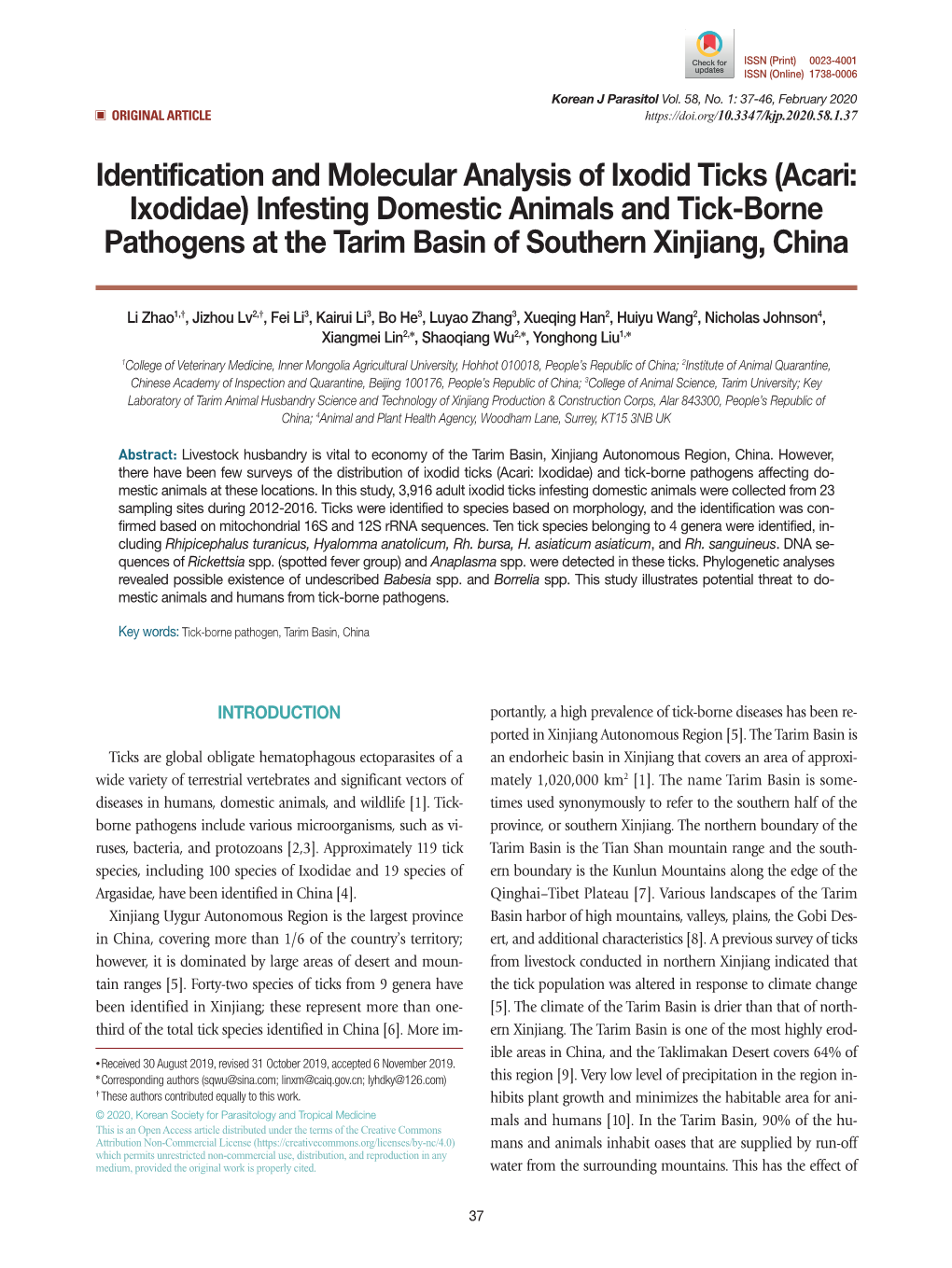 Identification and Molecular Analysis of Ixodid Ticks (Acari: Ixodidae