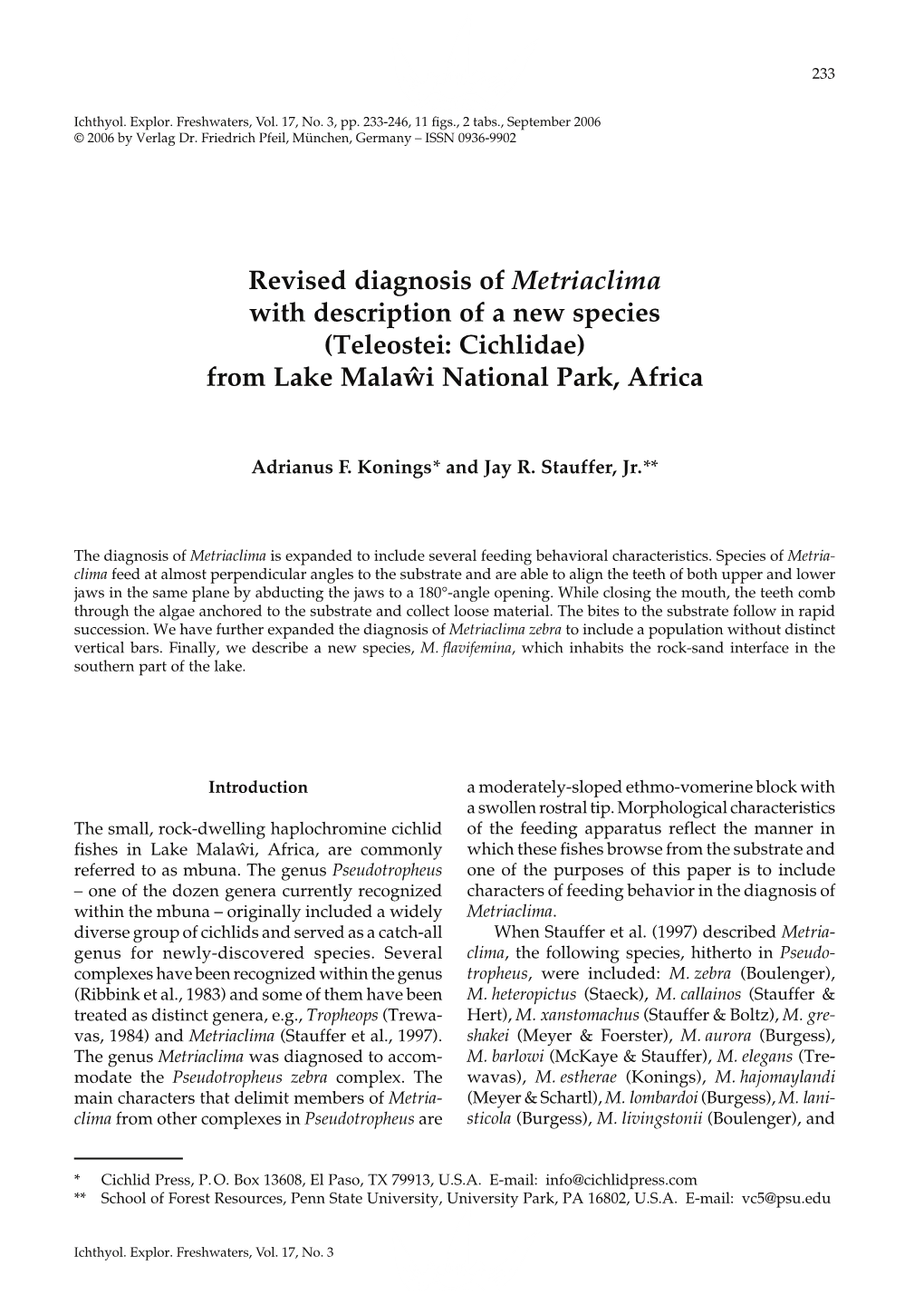 Revised Diagnosis of Metriaclima with Description of a New Species (Teleostei: Cichlidae) from Lake Malawi National Park, Africa