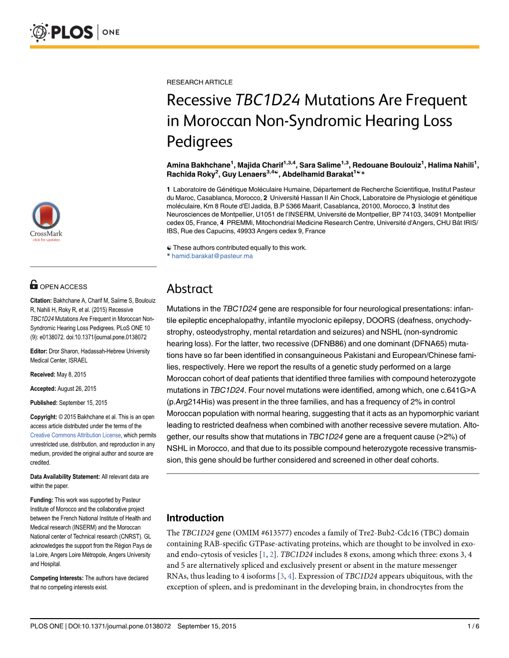 Recessive TBC1D24 Mutations Are Frequent in Moroccan Non-Syndromic Hearing Loss Pedigrees