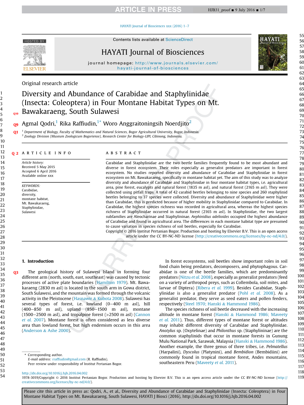 Diversity and Abundance of Carabidae and Staphylinidae 66 2 67 3 (Insecta: Coleoptera) in Four Montane Habitat Types on Mt