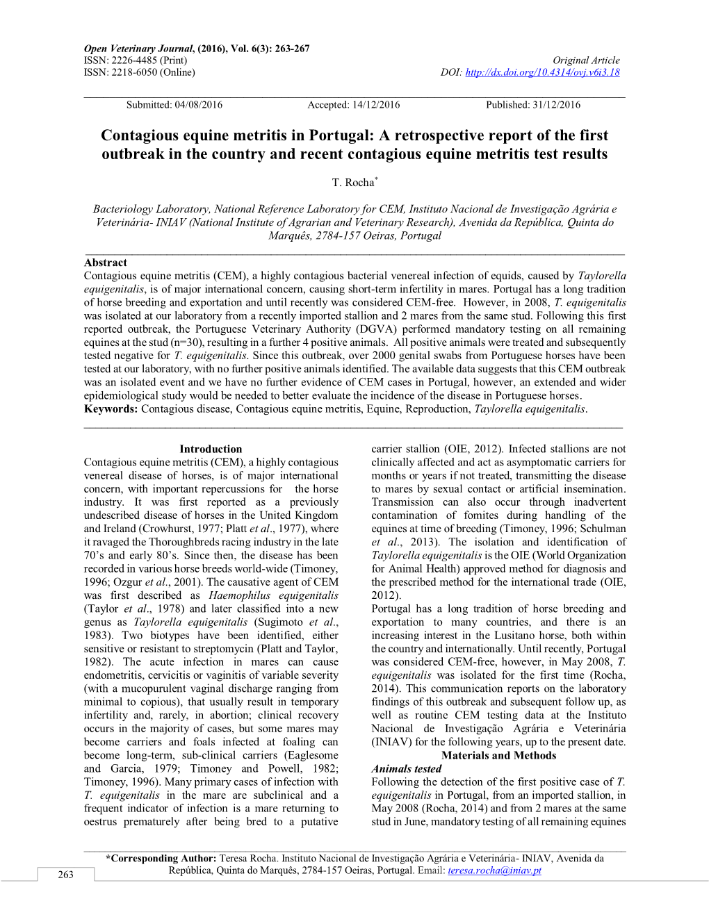 Contagious Equine Metritis in Portugal: a Retrospective Report of the First Outbreak in the Country and Recent Contagious Equine Metritis Test Results