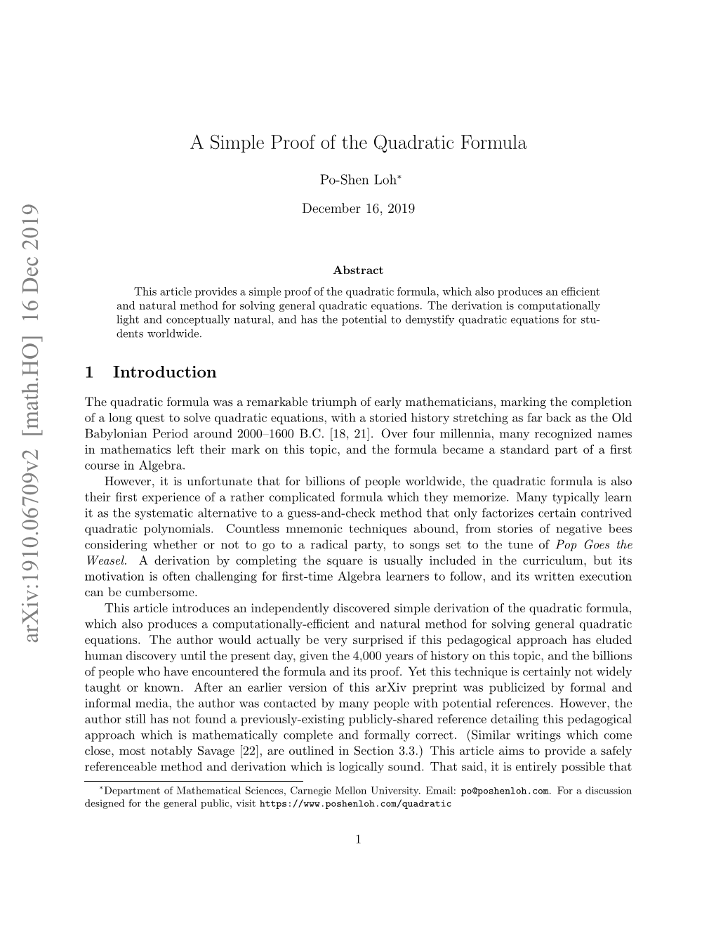 A Simple Proof of the Quadratic Formula