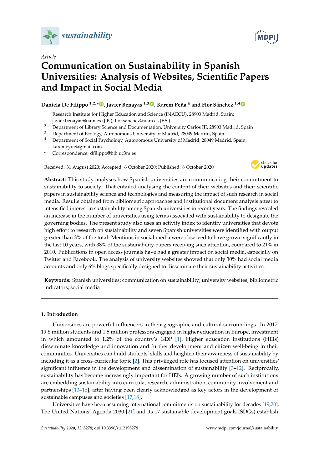 Communication on Sustainability in Spanish Universities: Analysis of Websites, Scientiﬁc Papers and Impact in Social Media