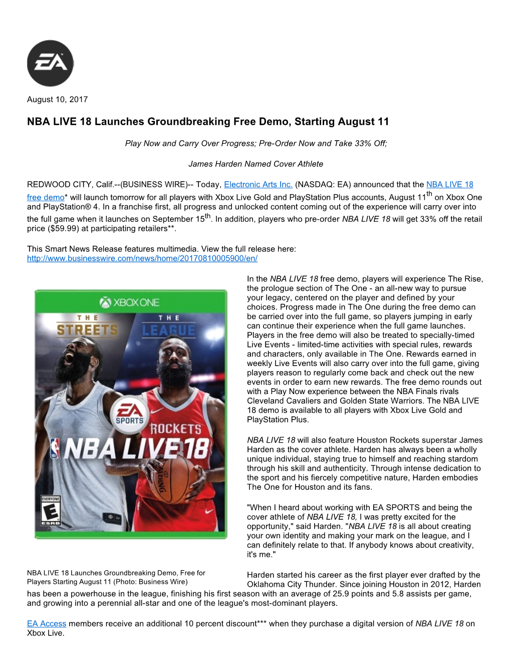 NBA LIVE 18 Launches Groundbreaking Free Demo, Starting August 11