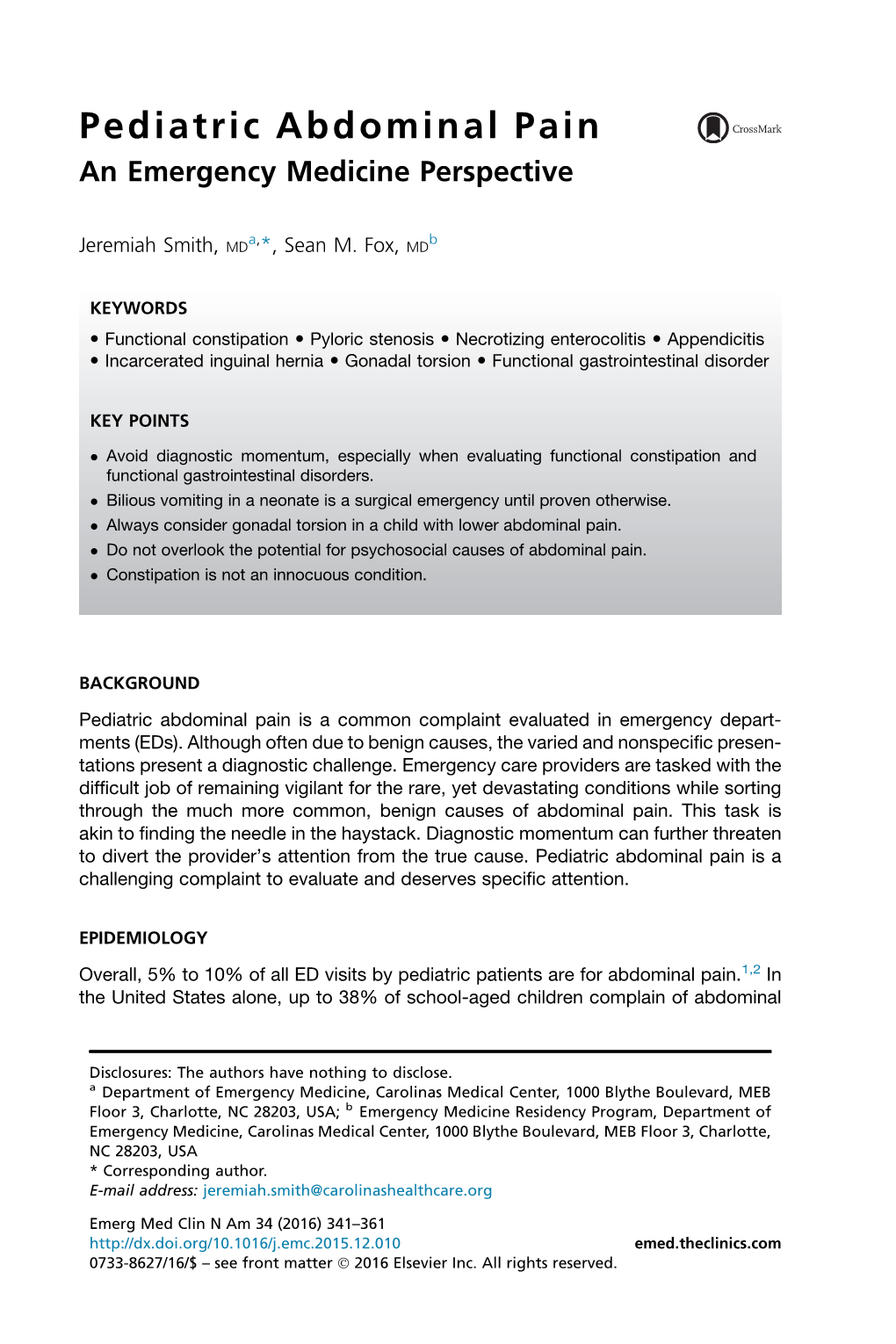 Pediatric Abdominal Pain an Emergency Medicine Perspective