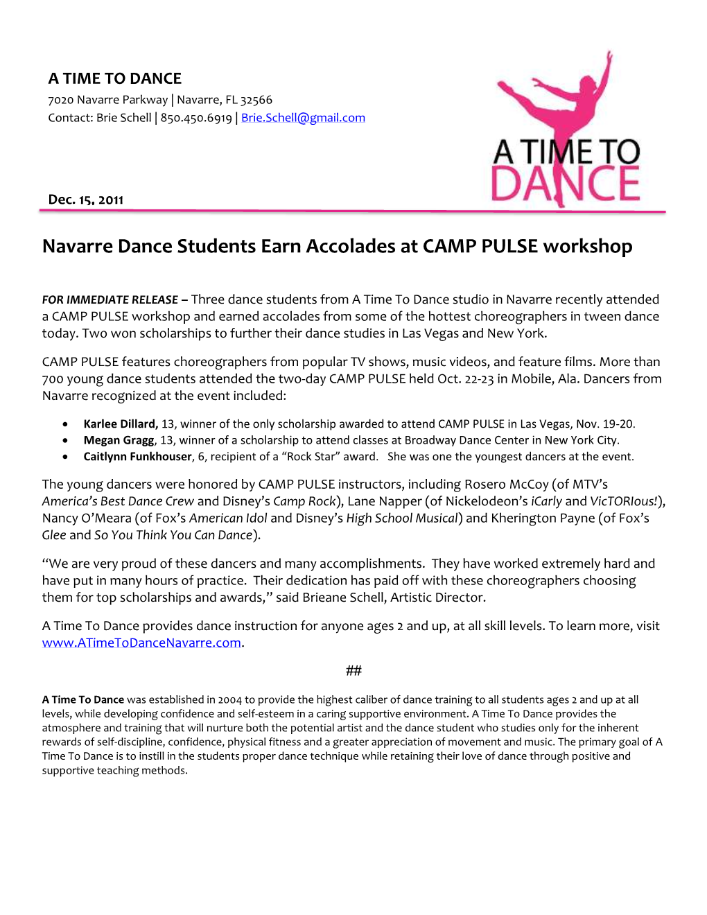 Navarre Dance Students Earn Accolades at CAMP PULSE Workshop