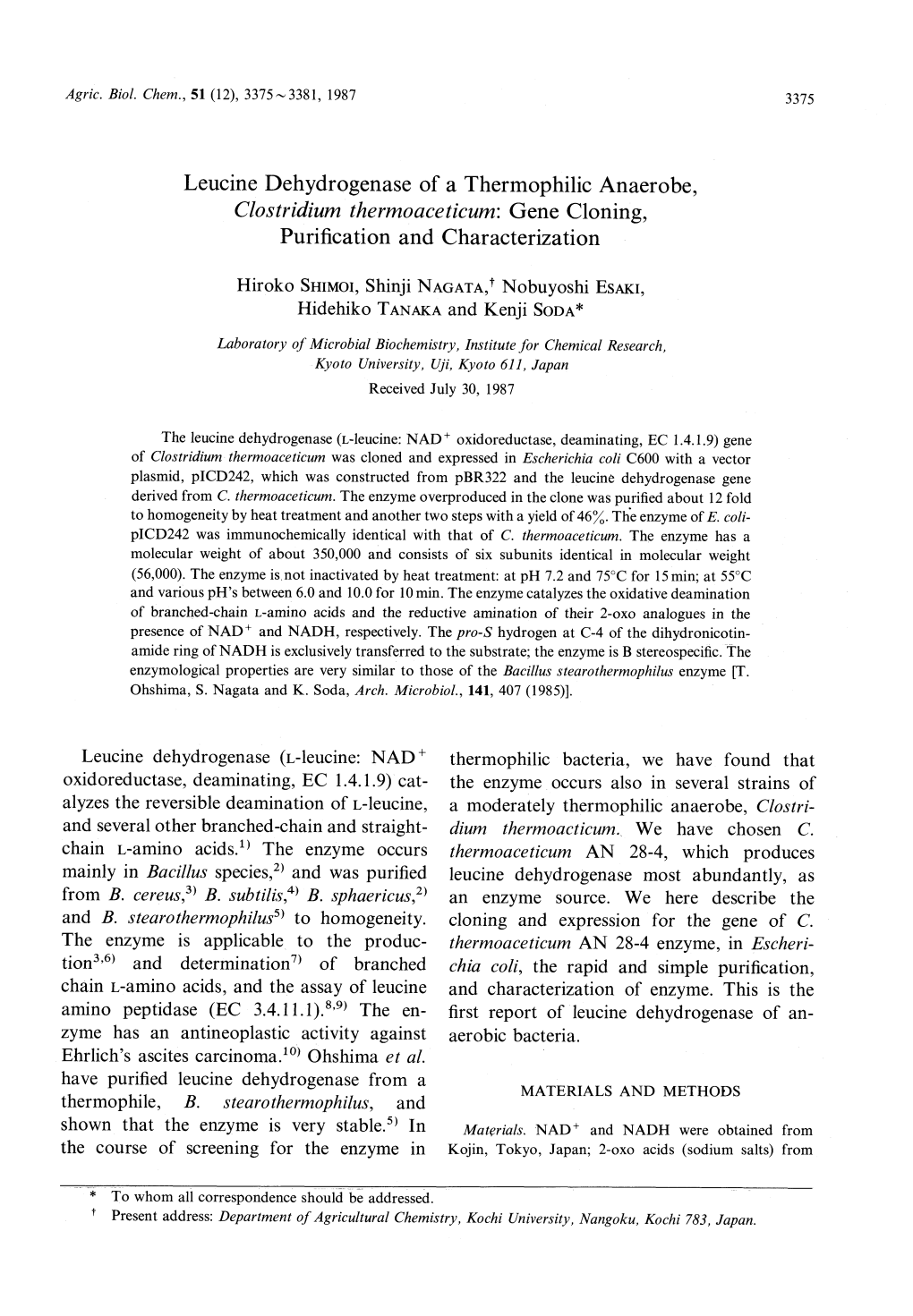 Leucine Dehydrogenase of a Thermophilic Anaerobe