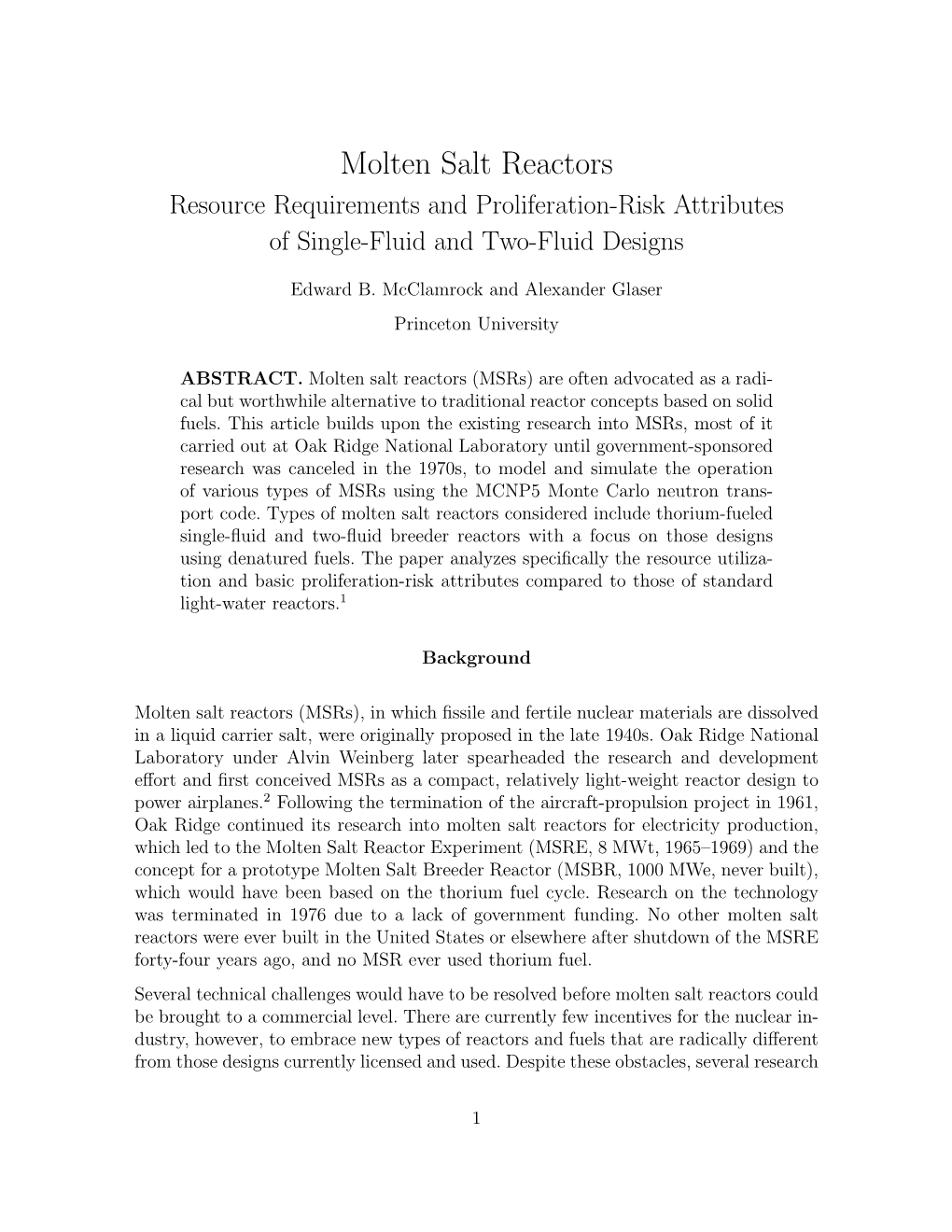 Molten Salt Reactors Resource Requirements and Proliferation-Risk Attributes of Single-Fluid and Two-Fluid Designs