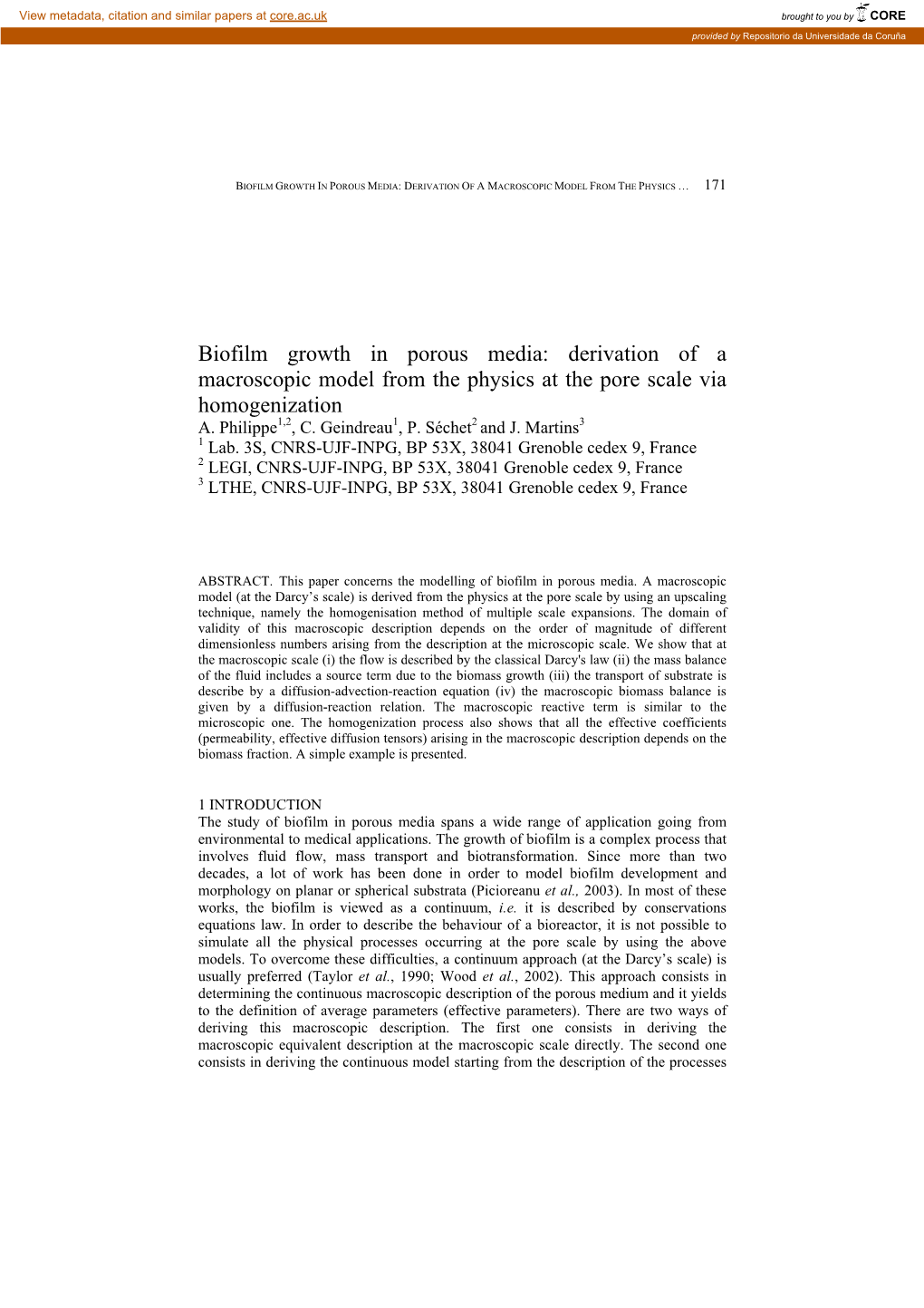 Biofilm Growth in Porous Media: Derivation of a Macroscopic Model from the Physics … 171