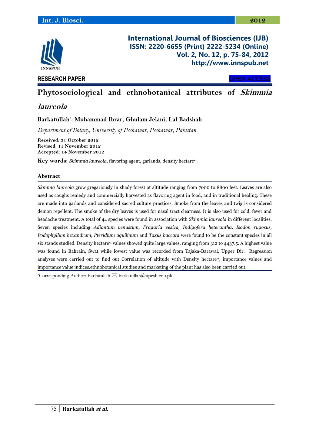 Phytosociological and Ethnobotanical Attributes of Skimmia