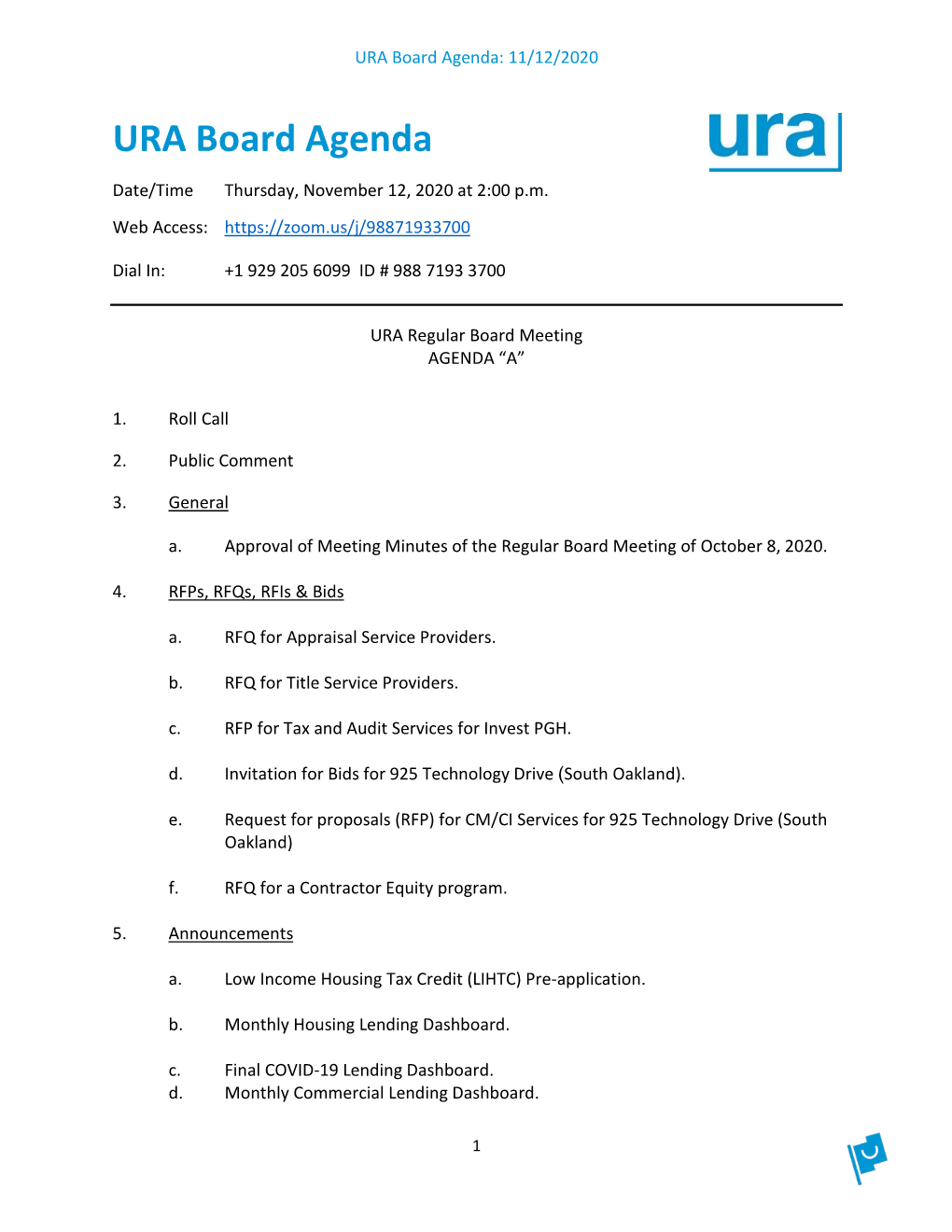 URA Board Agenda: 11/12/2020