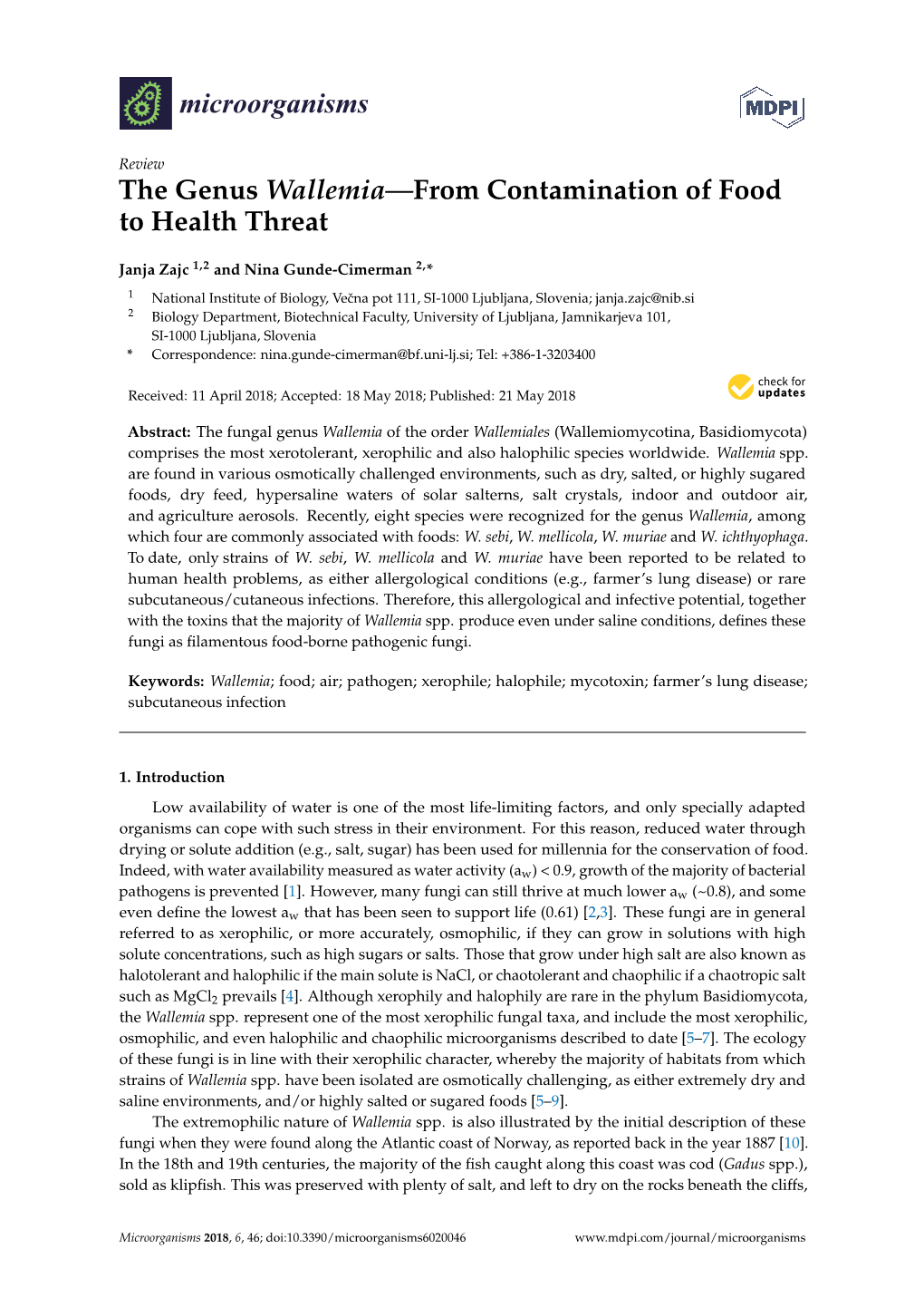 The Genus Wallemia—From Contamination of Food to Health Threat