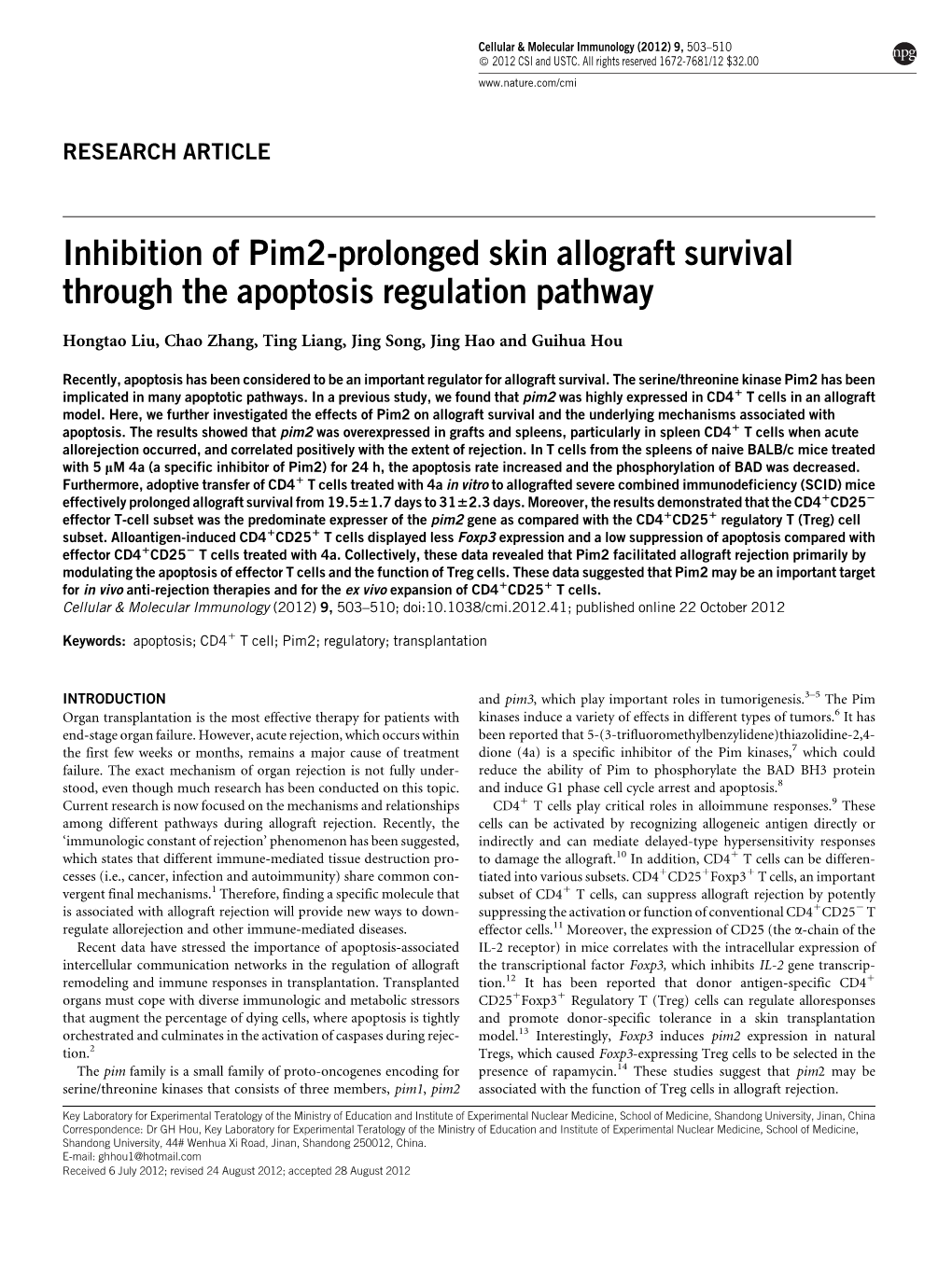 Inhibition of Pim2-Prolonged Skin Allograft Survival Through the Apoptosis Regulation Pathway