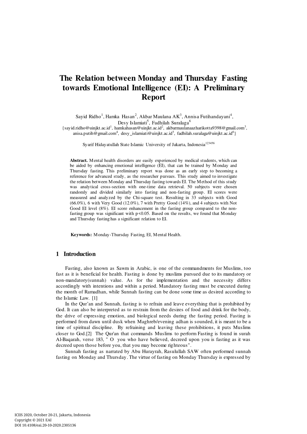 The Relation Between Monday and Thursday Fasting Towards Emotional Intelligence (EI): a Preliminary Report