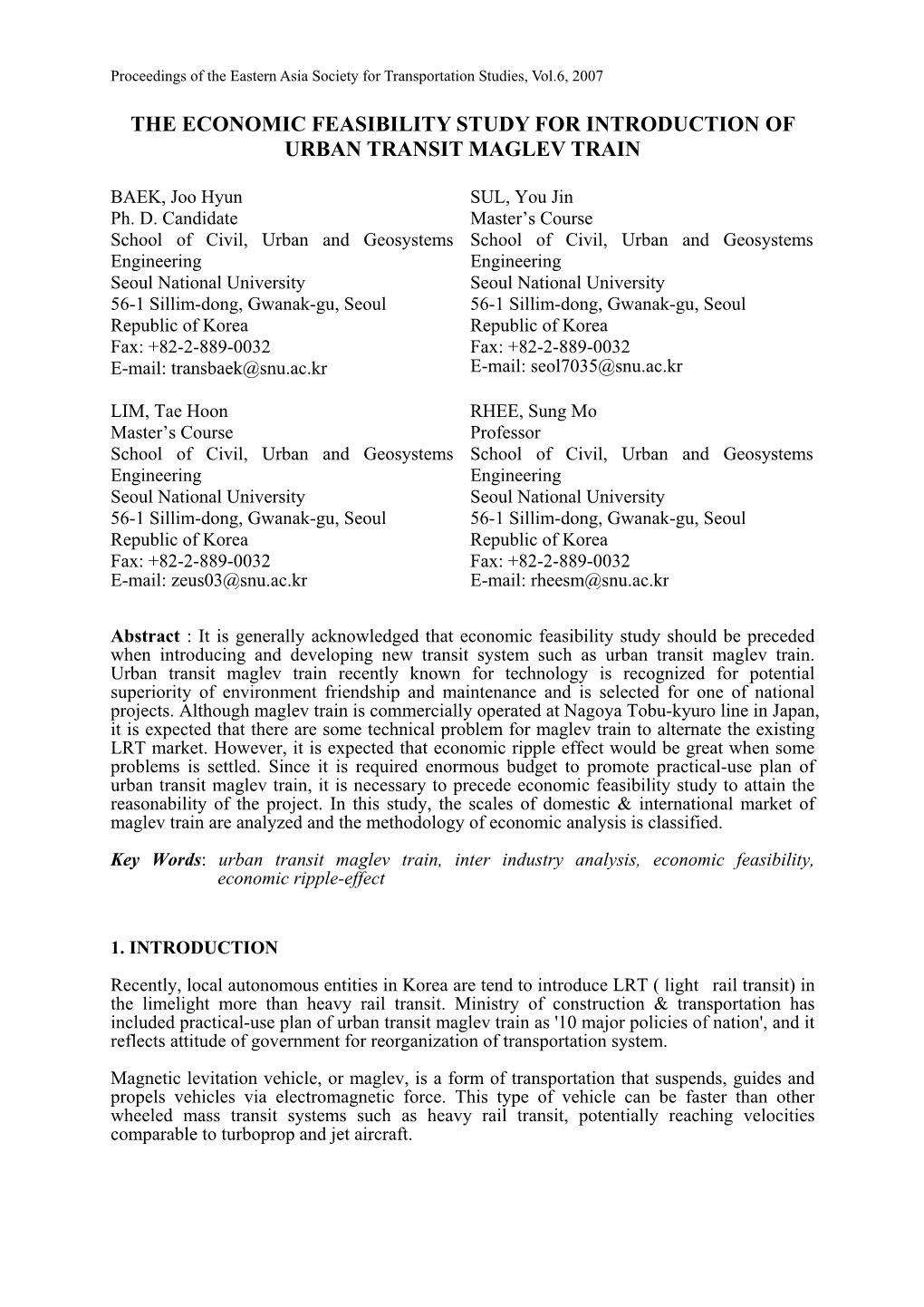 The Economic Feasibility Study for Introduction of Urban Transit Maglev Train