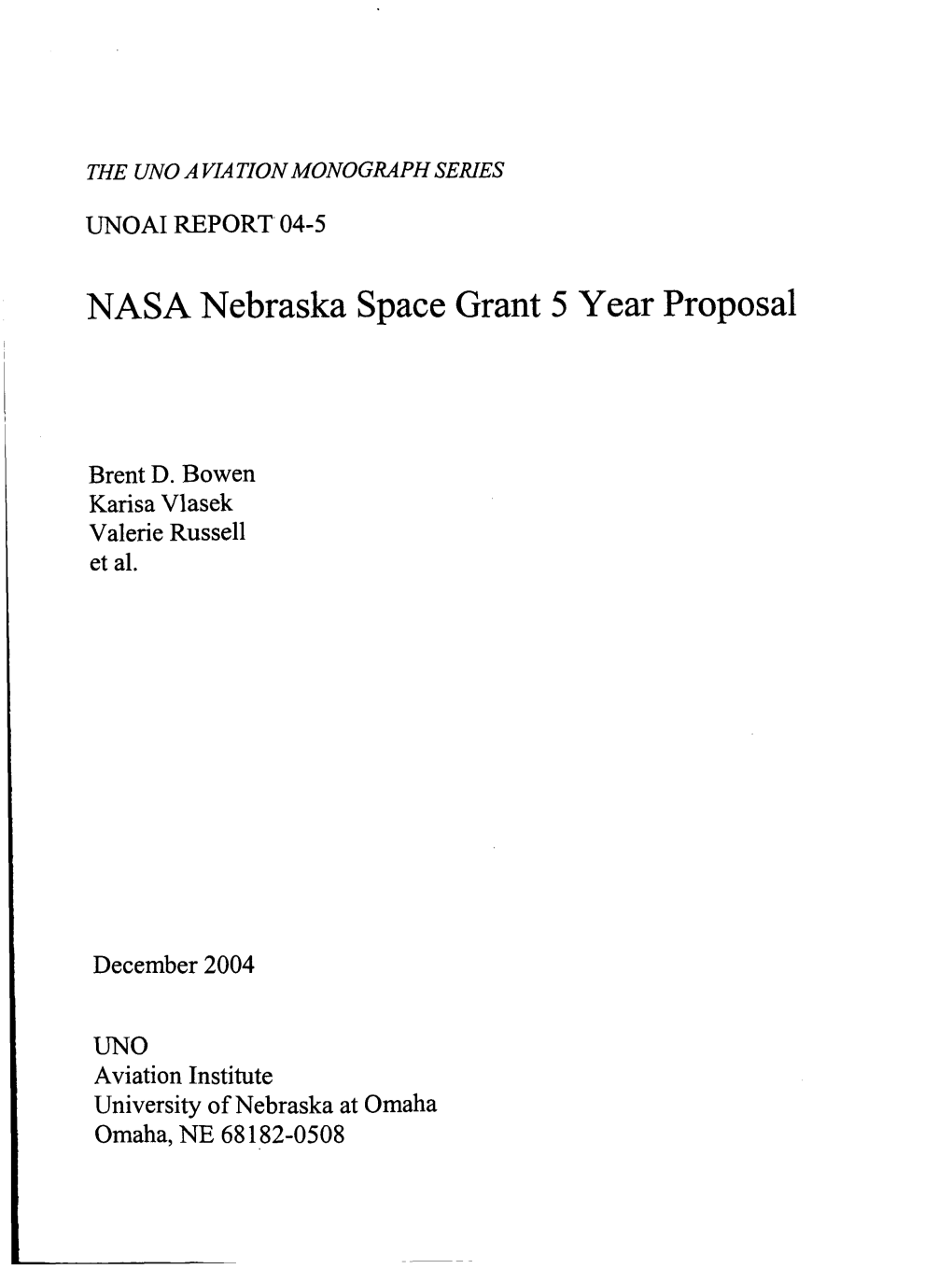 NASA Nebraska Space Grant 5 Year Proposal