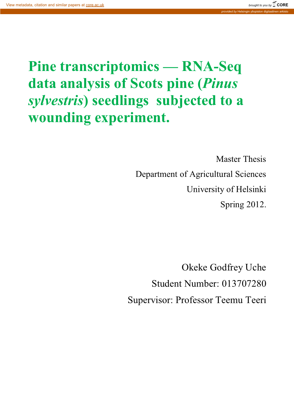 RNA-Seq Data Analysis of Scots Pine (Pinus Sylvestris) Seedlings Subjected to A