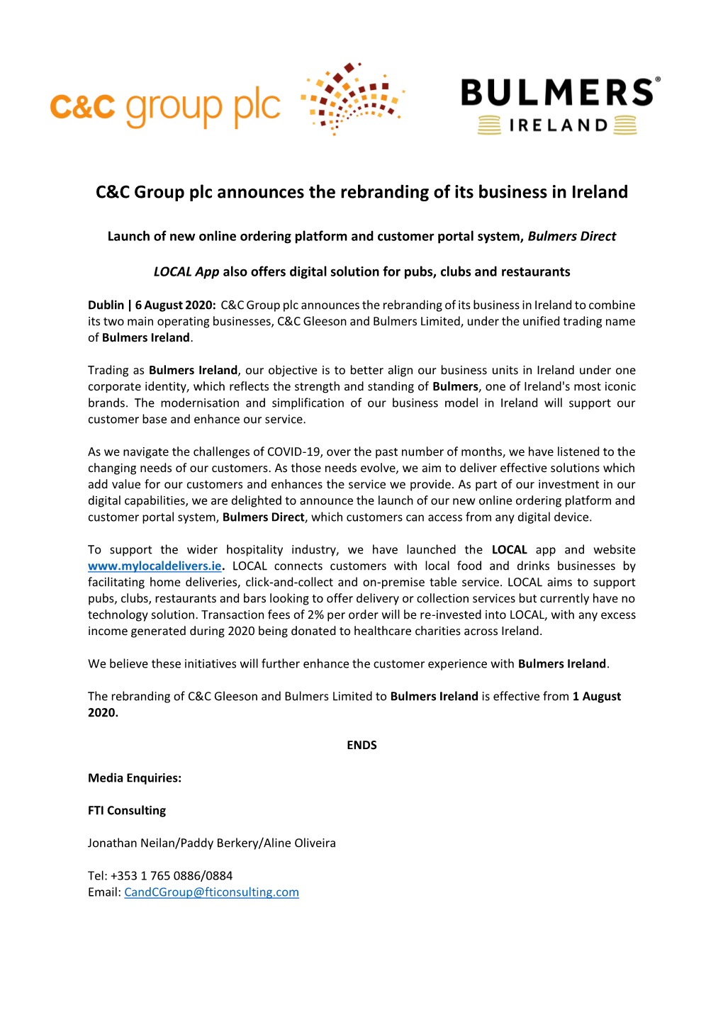 C&C Group Plc Announces the Rebranding of Its Business in Ireland