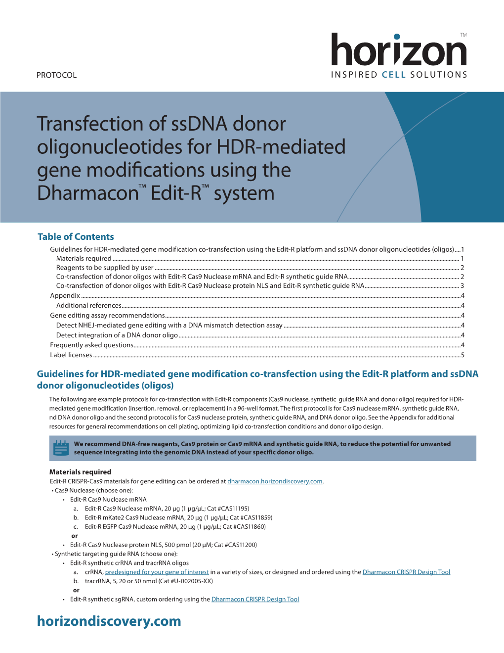 Transfection of Ssdna Donor Oligonucleotides for HDR-Mediated Gene Modifications Using the Dharmacon™ Edit-R™ System