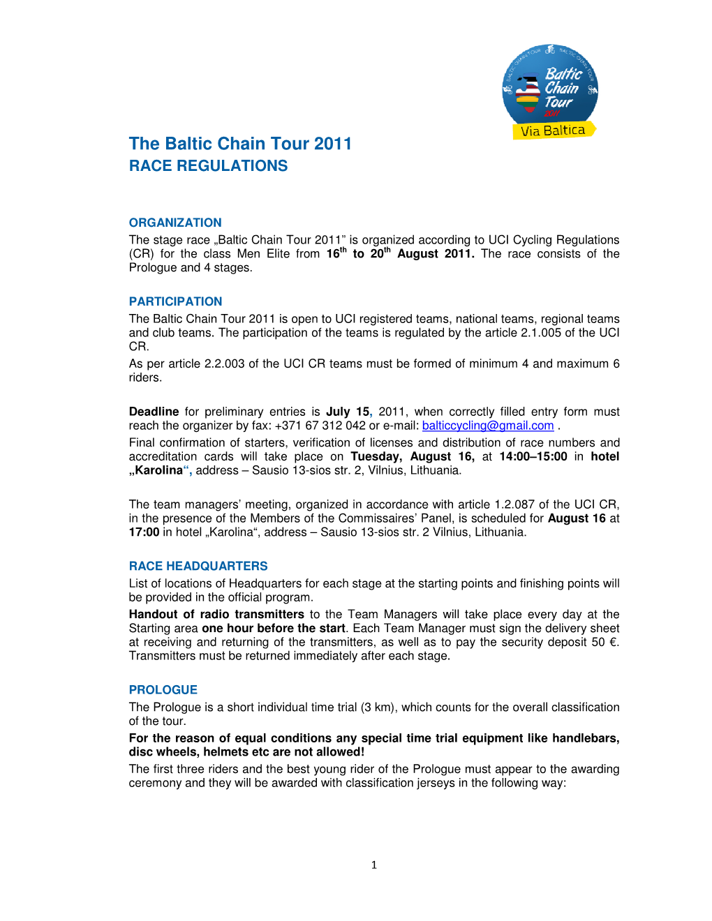 The Baltic Chain Tour 2011 RACE REGULATIONS