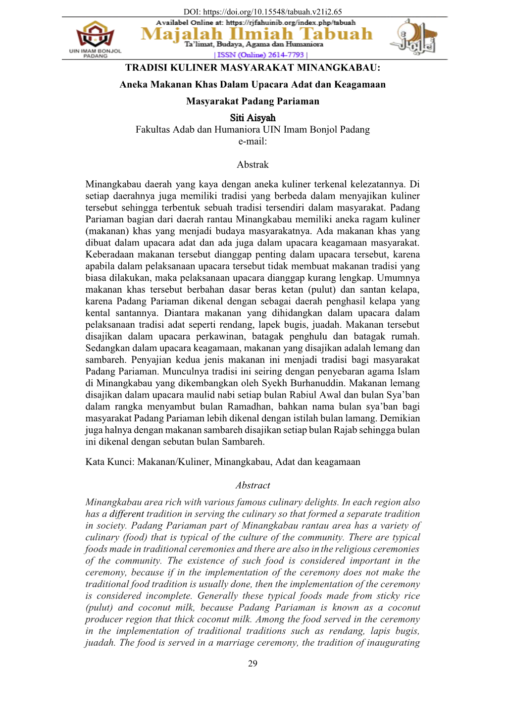 Aneka Makanan Khas Dalam Upacara Adat Dan Keagamaan Masyarakat Padang Pariaman Siti Aisyah Fakultas Adab Dan Humaniora UIN Imam Bonjol Padang E-Mail