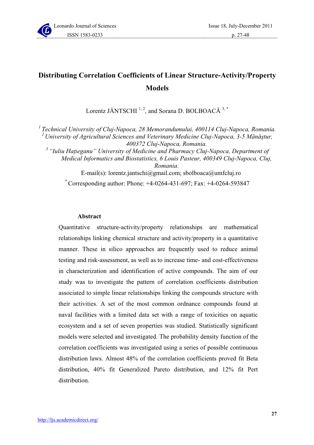 Distributing Correlation Coefficients of Linear Structure-Activity/Property Models