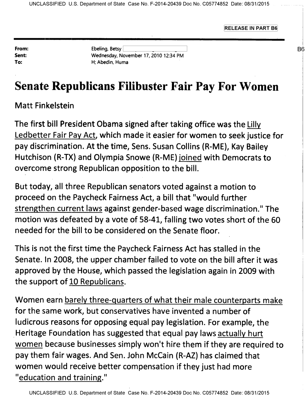 Senate Republicans Filibuster Fair Pay for Women