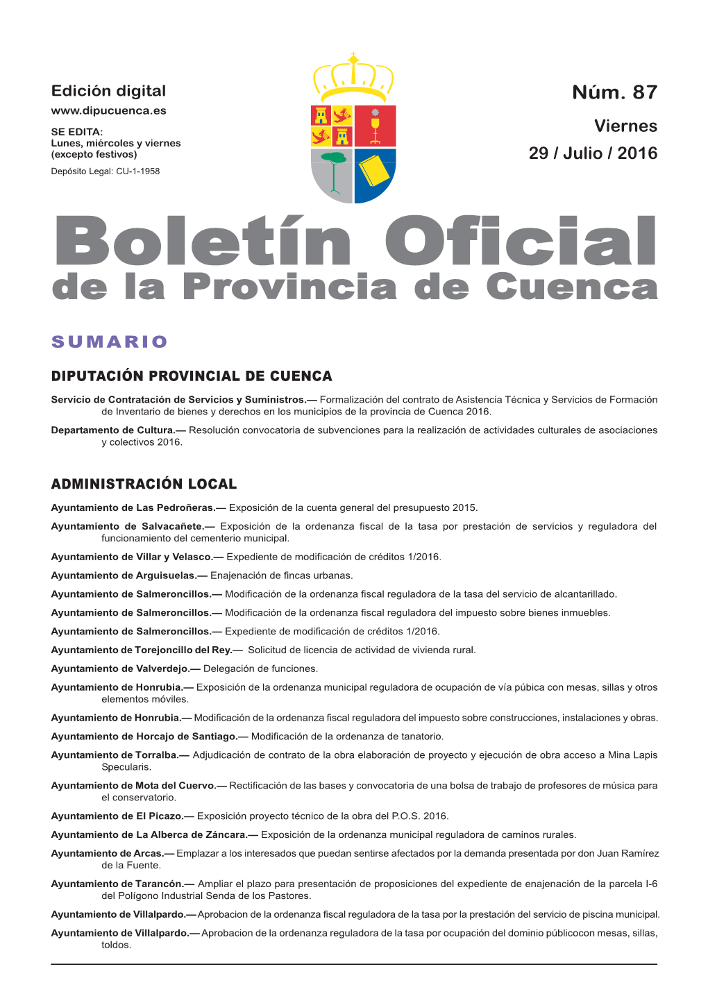 Boletín Oficial De La Provincia De Cuenca Sumario Diputación Provincial De Cuenca