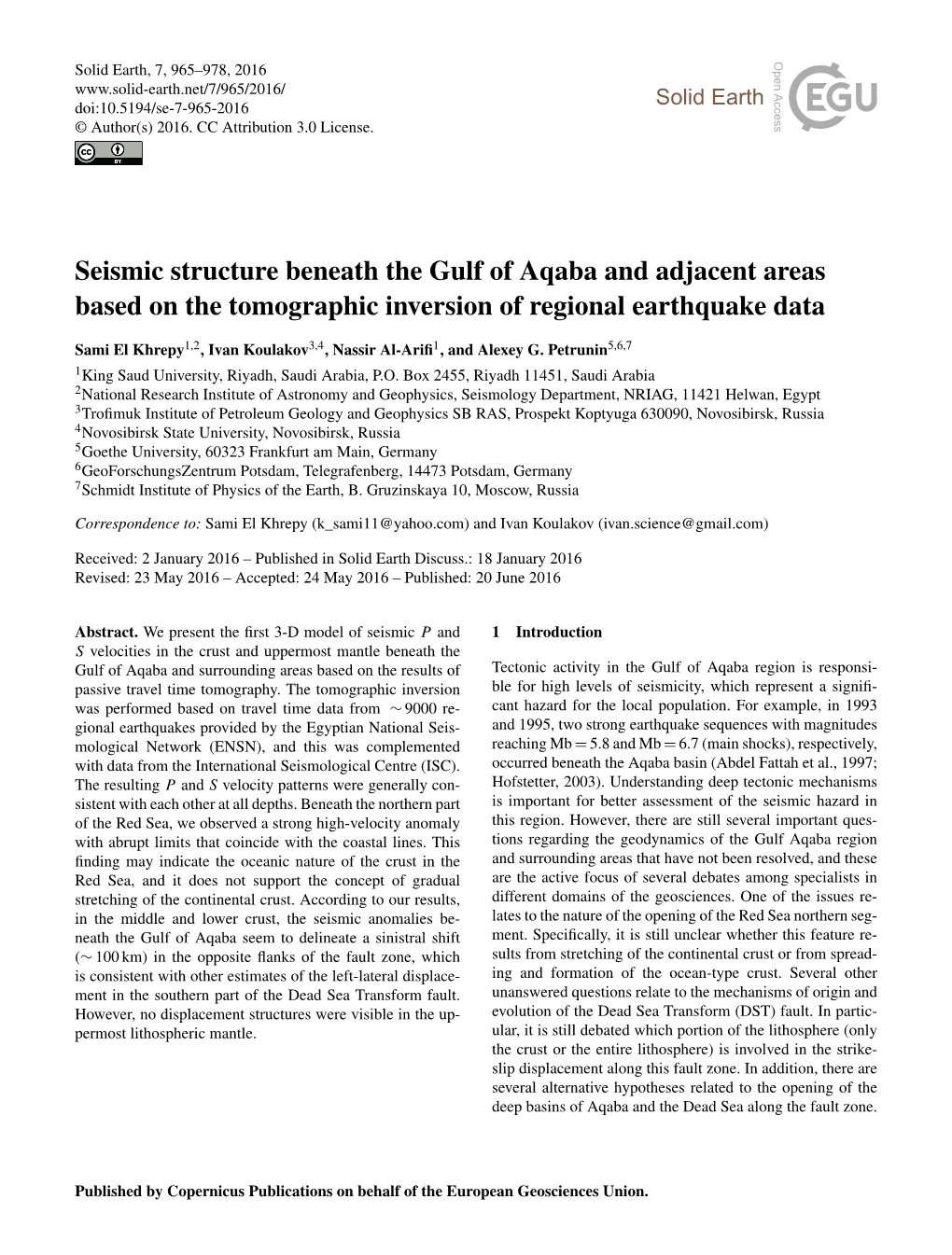 Seismic Structure Beneath the Gulf of Aqaba and Adjacent Areas Based on the Tomographic Inversion of Regional Earthquake Data