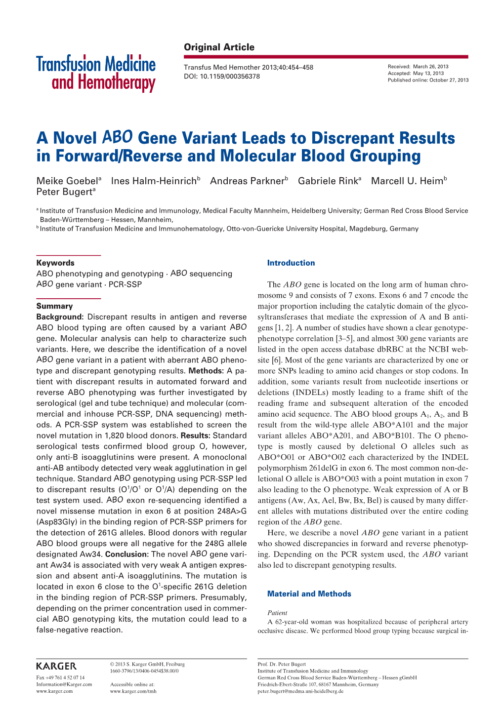 A Novel ABO Gene Variant Leads to Discrepant Results in Forward/Reverse and Molecular Blood Grouping