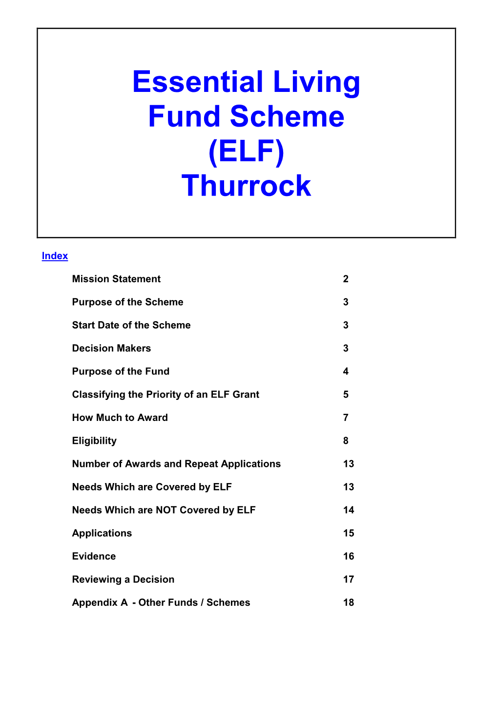 Essential Living Fund Scheme (ELF) Thurrock