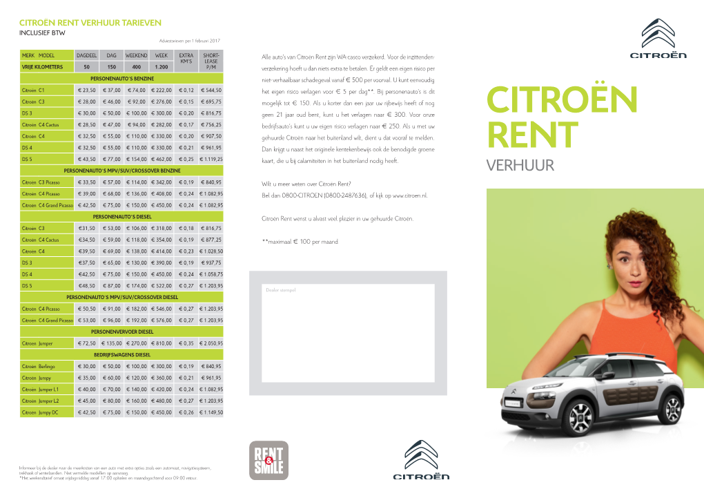 CITROËN RENT VERHUUR TARIEVEN INCLUSIEF BTW Adviestarieven Per 1 Februari 2017