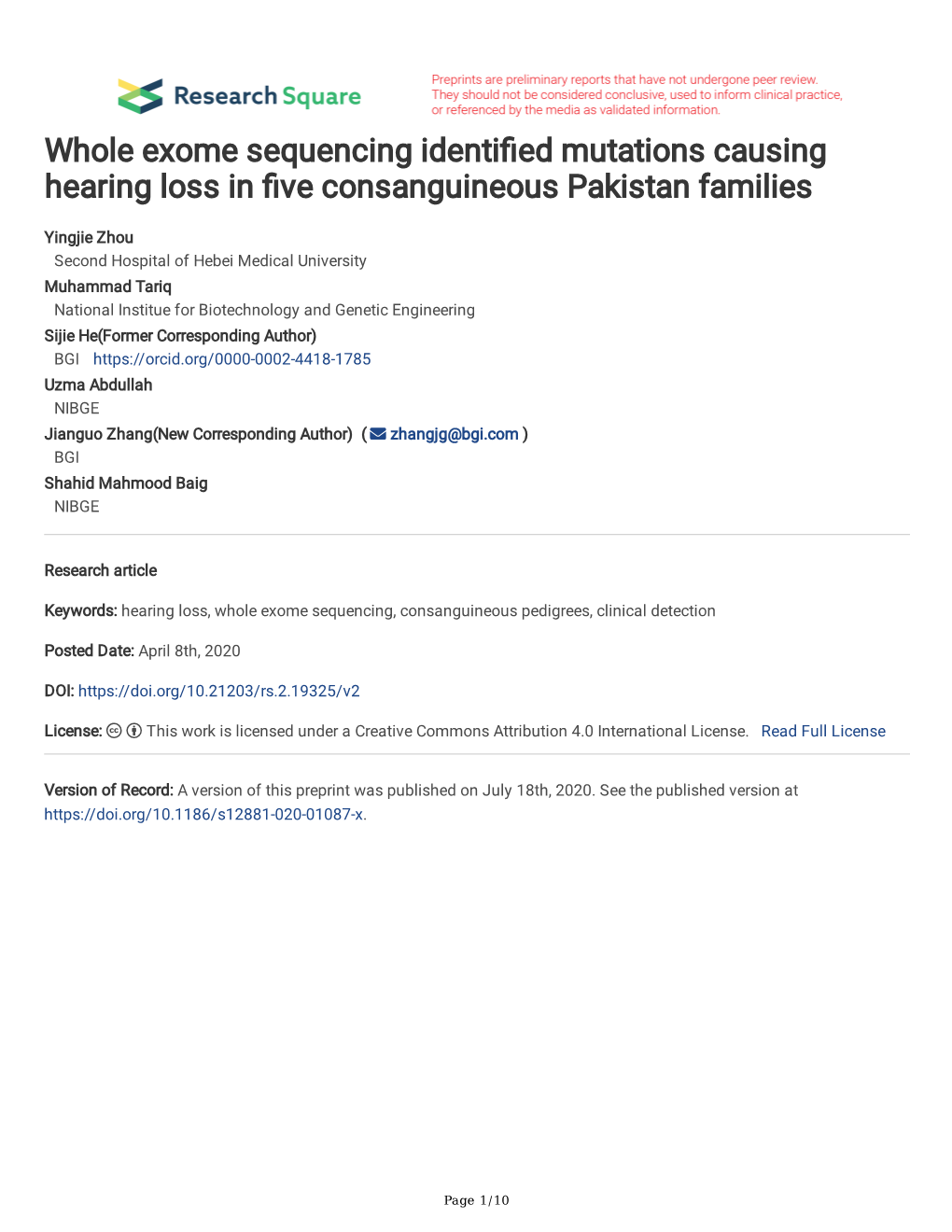 Whole Exome Sequencing Identified Mutations Causing Hearing Loss In