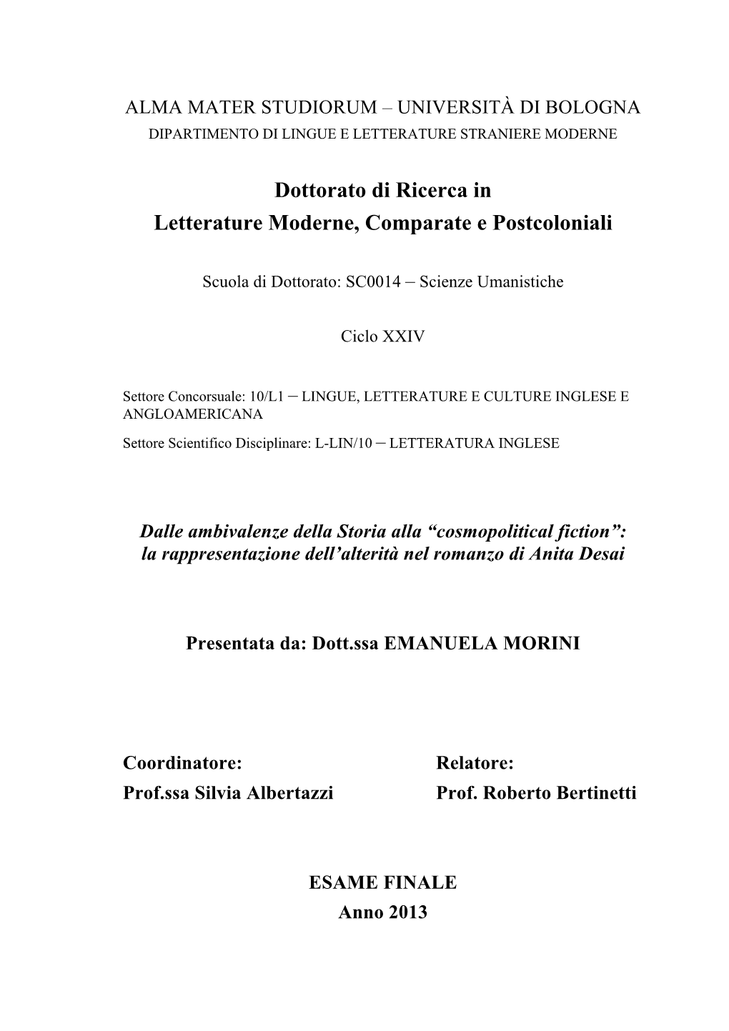 Dottorato Di Ricerca in Letterature Moderne, Comparate E Postcoloniali