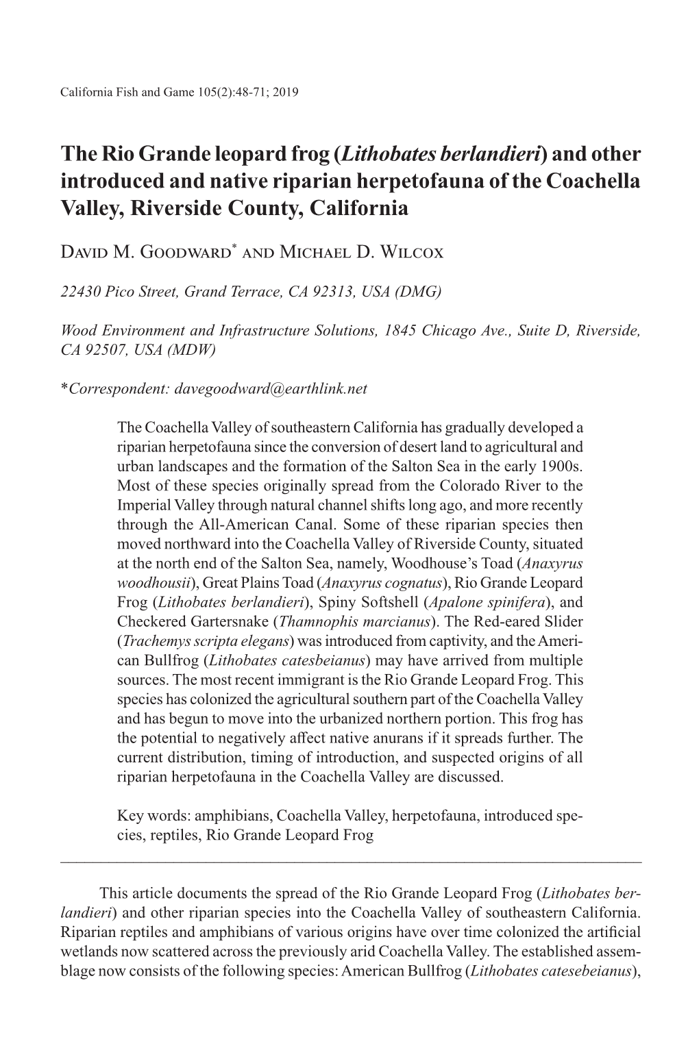 The Rio Grande Leopard Frog (Lithobates Berlandieri) and Other Introduced and Native Riparian Herpetofauna of the Coachella Valley, Riverside County, California