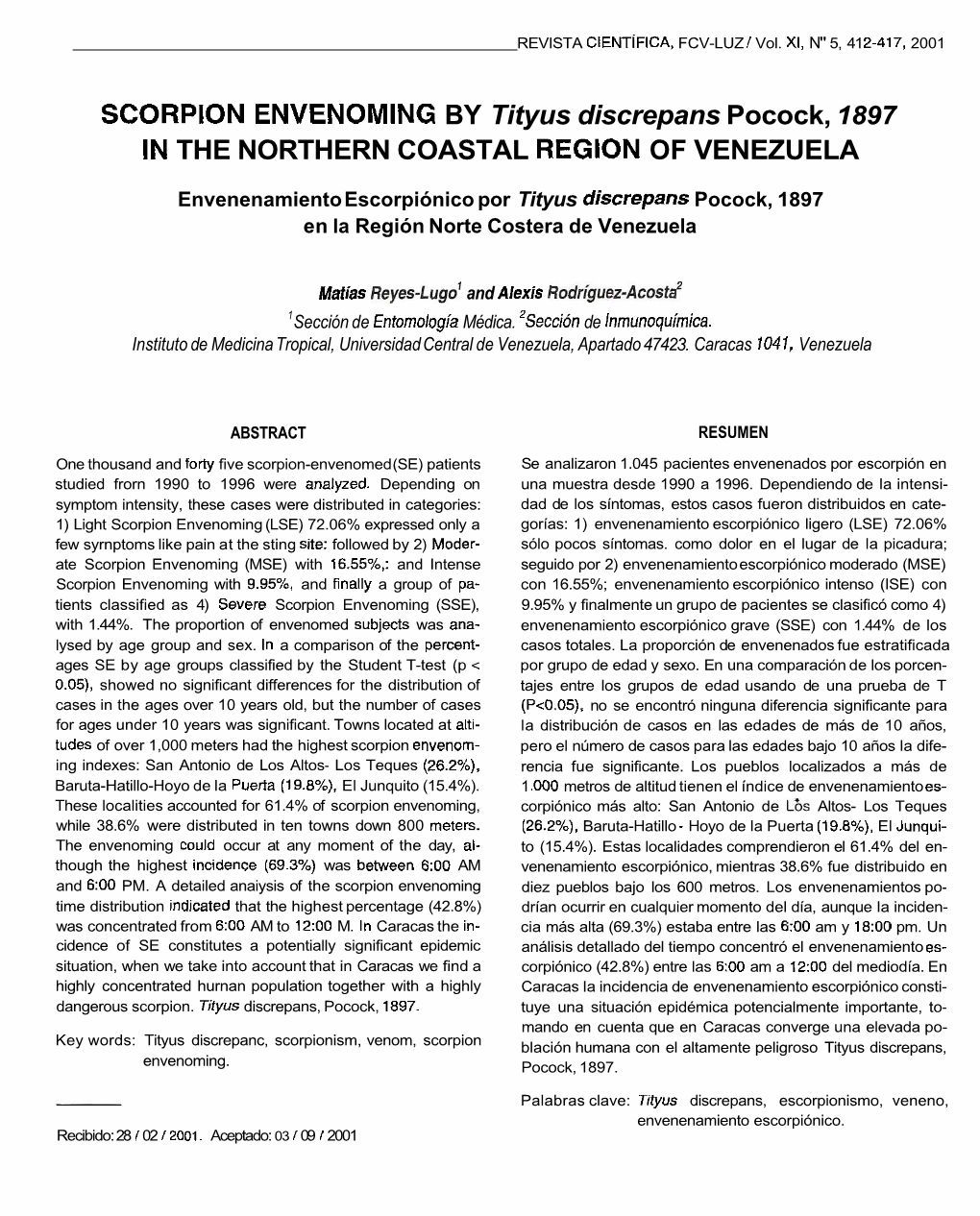 SCORPION ENVENOMING by Tityus Discrepans Pocock, 1897 in the NORTHERN COASTAL REGION of VENEZUELA