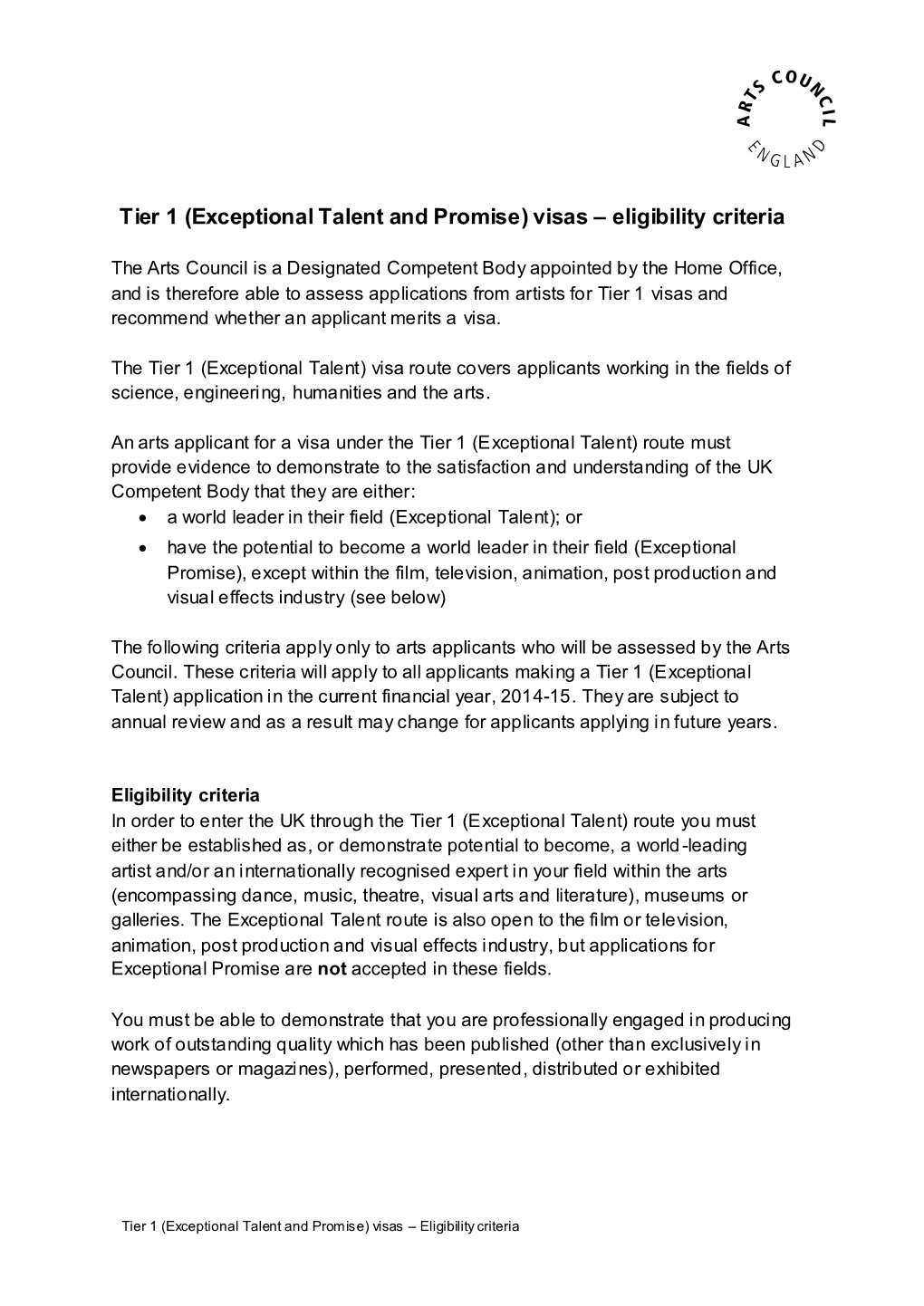 Tier 1 Exceptional Talent and Promise Eligibility Criteria