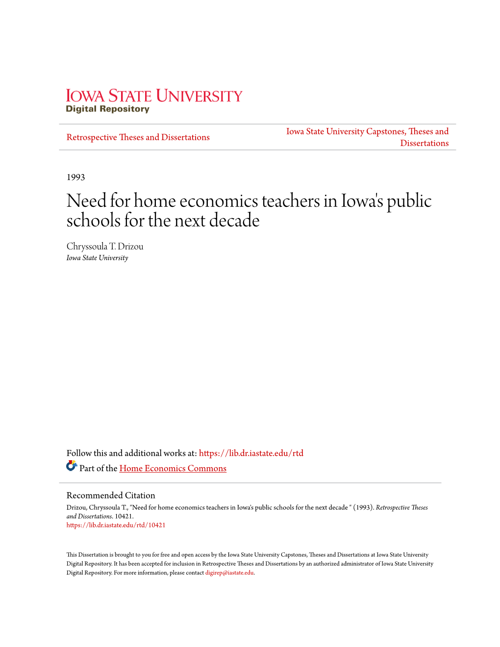 Need for Home Economics Teachers in Iowa's Public Schools for the Next Decade Chryssoula T