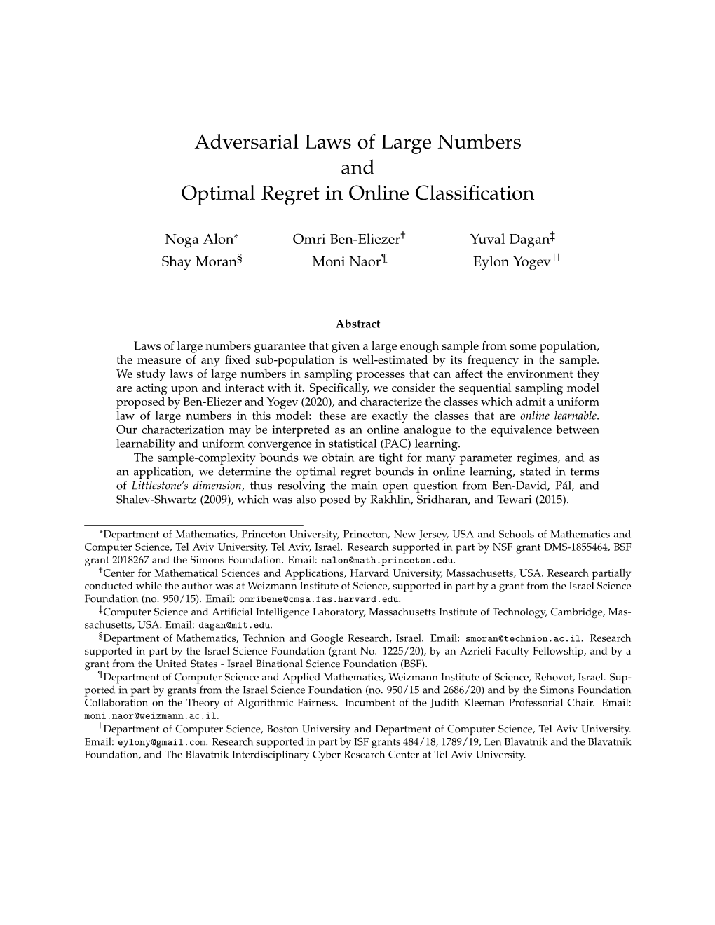 Adversarial Laws of Large Numbers and Optimal Regret in Online Classiﬁcation