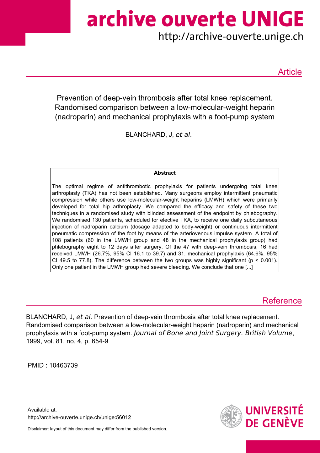 Prevention of Deep-Vein Thrombosis After Total Knee Replacement