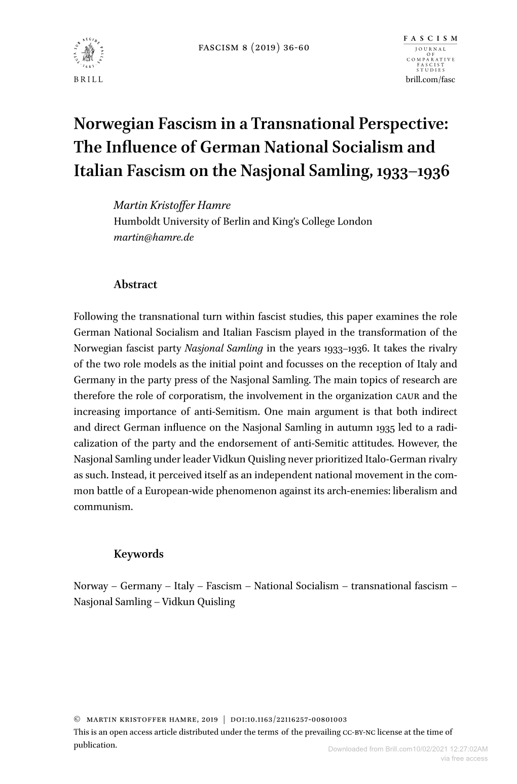 Norwegian Fascism in a Transnational Perspective: the Influence of German National Socialism and Italian Fascism on the Nasjonal Samling, 1933–1936